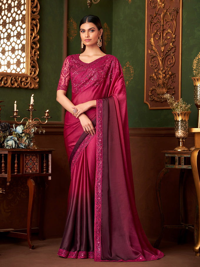 Pink Art Silk Sequin Embroidery Work Saree with Unstitched Blouse Piece