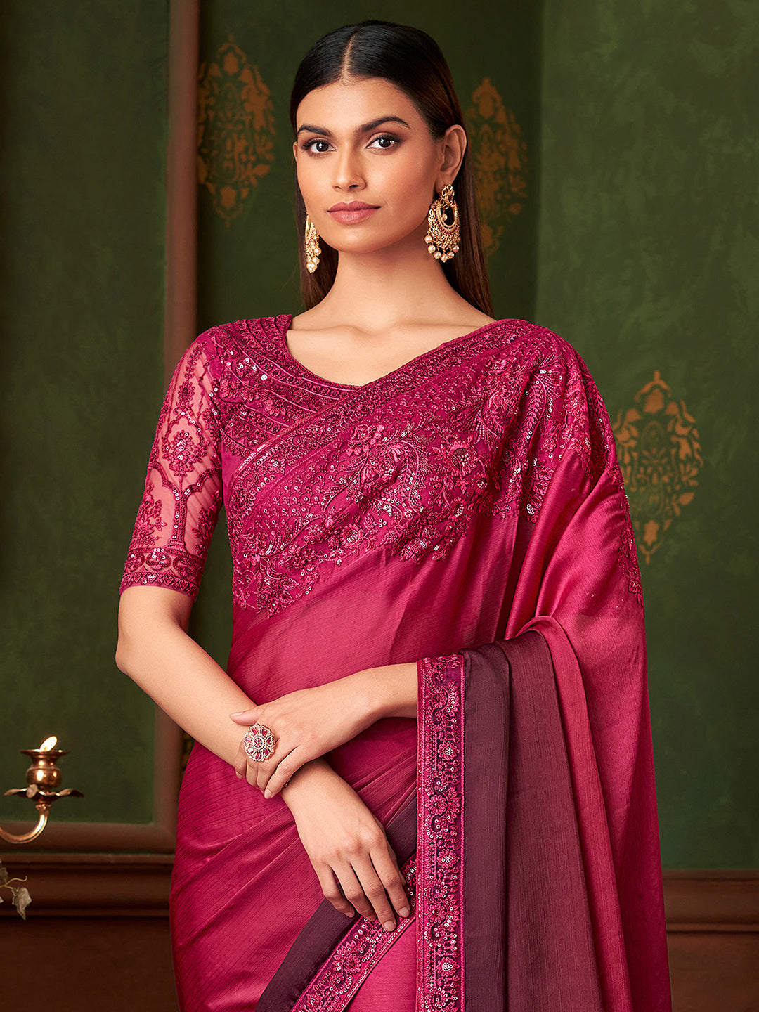 Pink Art Silk Sequin Embroidery Work Saree with Unstitched Blouse Piece