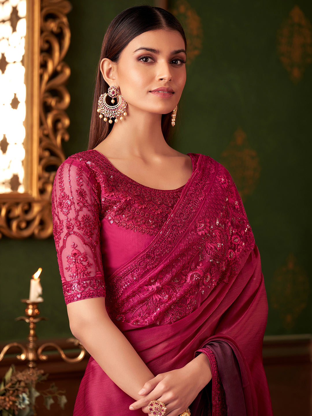 Pink Art Silk Sequin Embroidery Work Saree with Unstitched Blouse Piece
