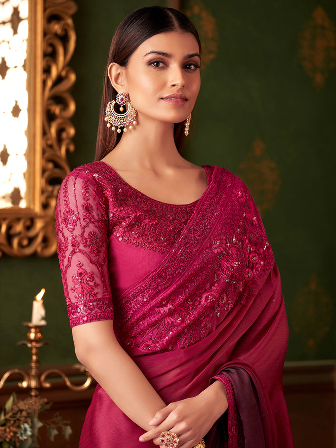 Pink Art Silk Sequin Embroidery Work Saree with Unstitched Blouse Piece