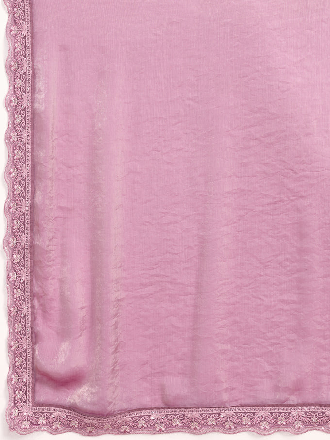 Light Pink Tussar Silk Embroidery Sequence Work Saree with Unstitch Blouse Piece