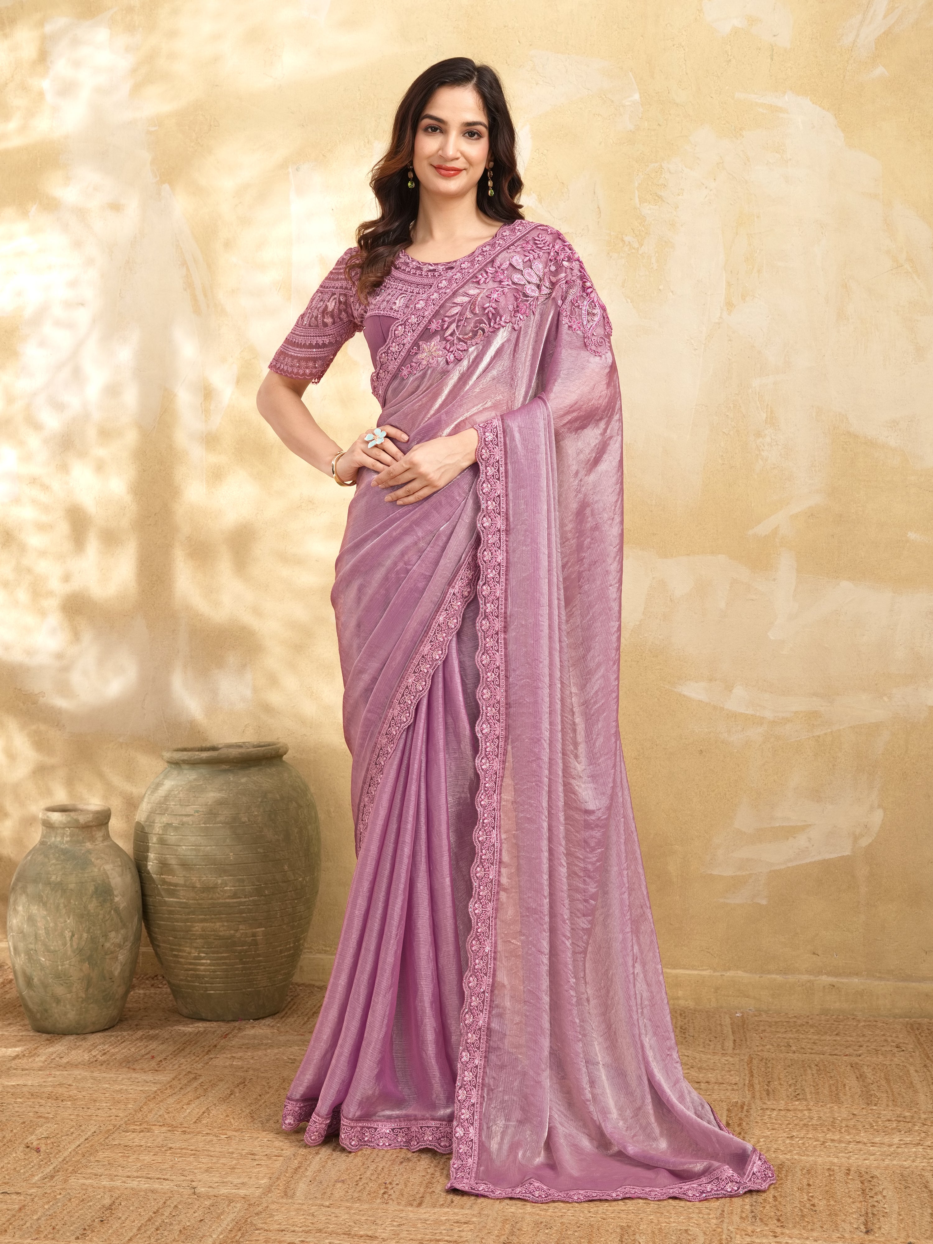 Light Pink Tussar Silk Embroidery Sequence Work Saree with Unstitch Blouse Piece