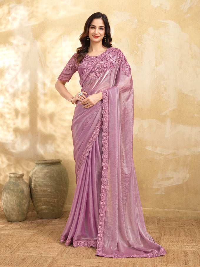 Light Pink Tussar Silk Embroidery Sequence Work Saree with Unstitch Blouse Piece