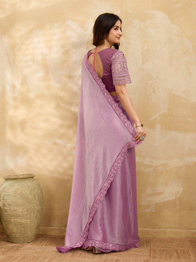 Light Pink Tussar Silk Embroidery Sequence Work Saree with Unstitch Blouse Piece