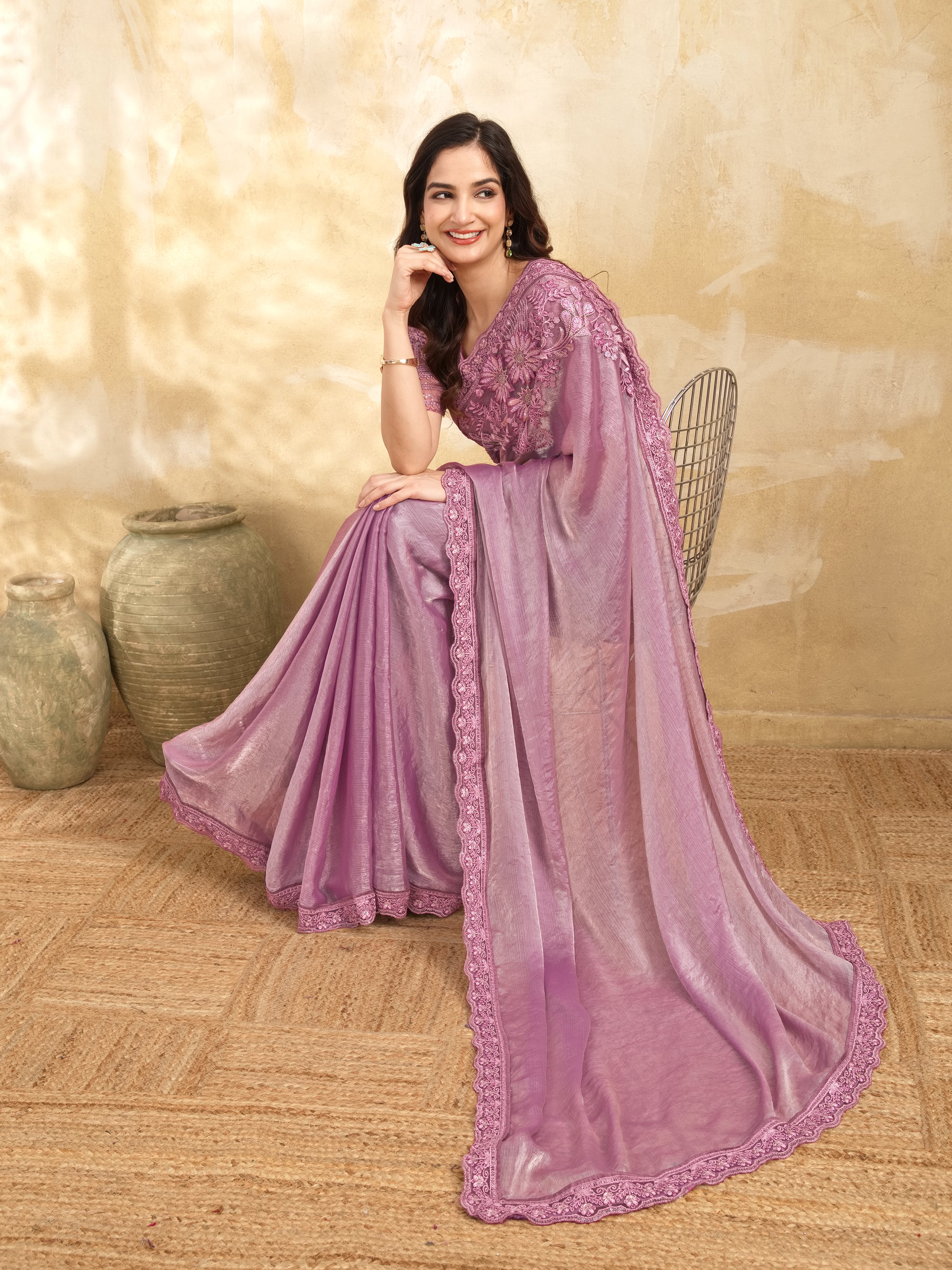 Light Pink Tussar Silk Embroidery Sequence Work Saree with Unstitch Blouse Piece