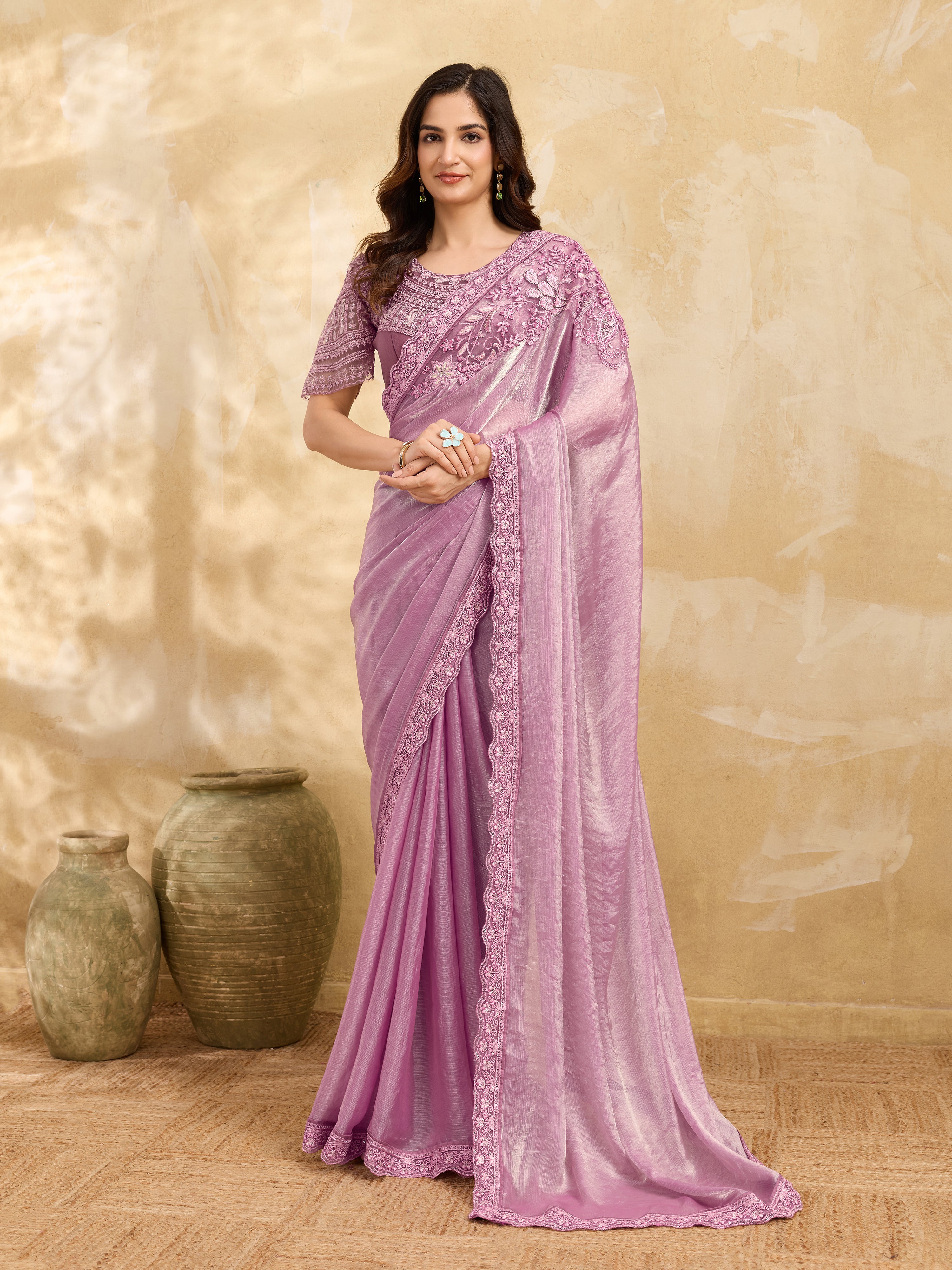 Light Pink Tussar Silk Embroidery Sequence Work Saree with Unstitch Blouse Piece