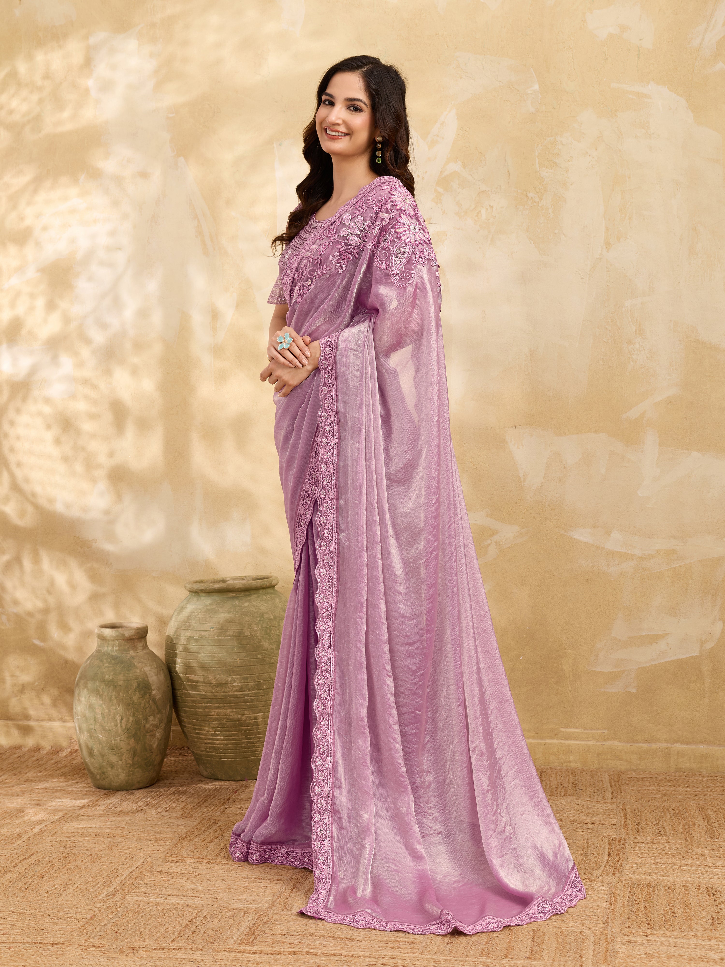 Light Pink Tussar Silk Embroidery Sequence Work Saree with Unstitch Blouse Piece