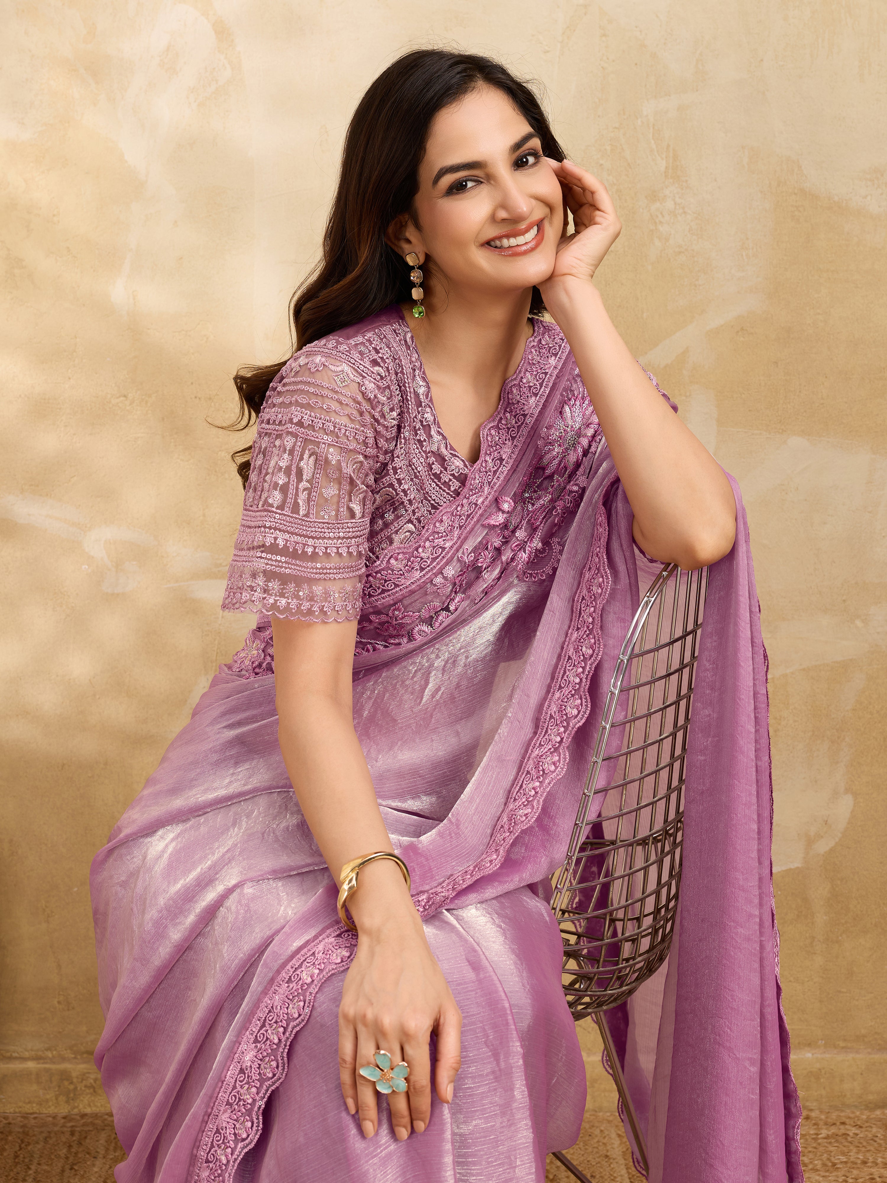 Light Pink Tussar Silk Embroidery Sequence Work Saree with Unstitch Blouse Piece