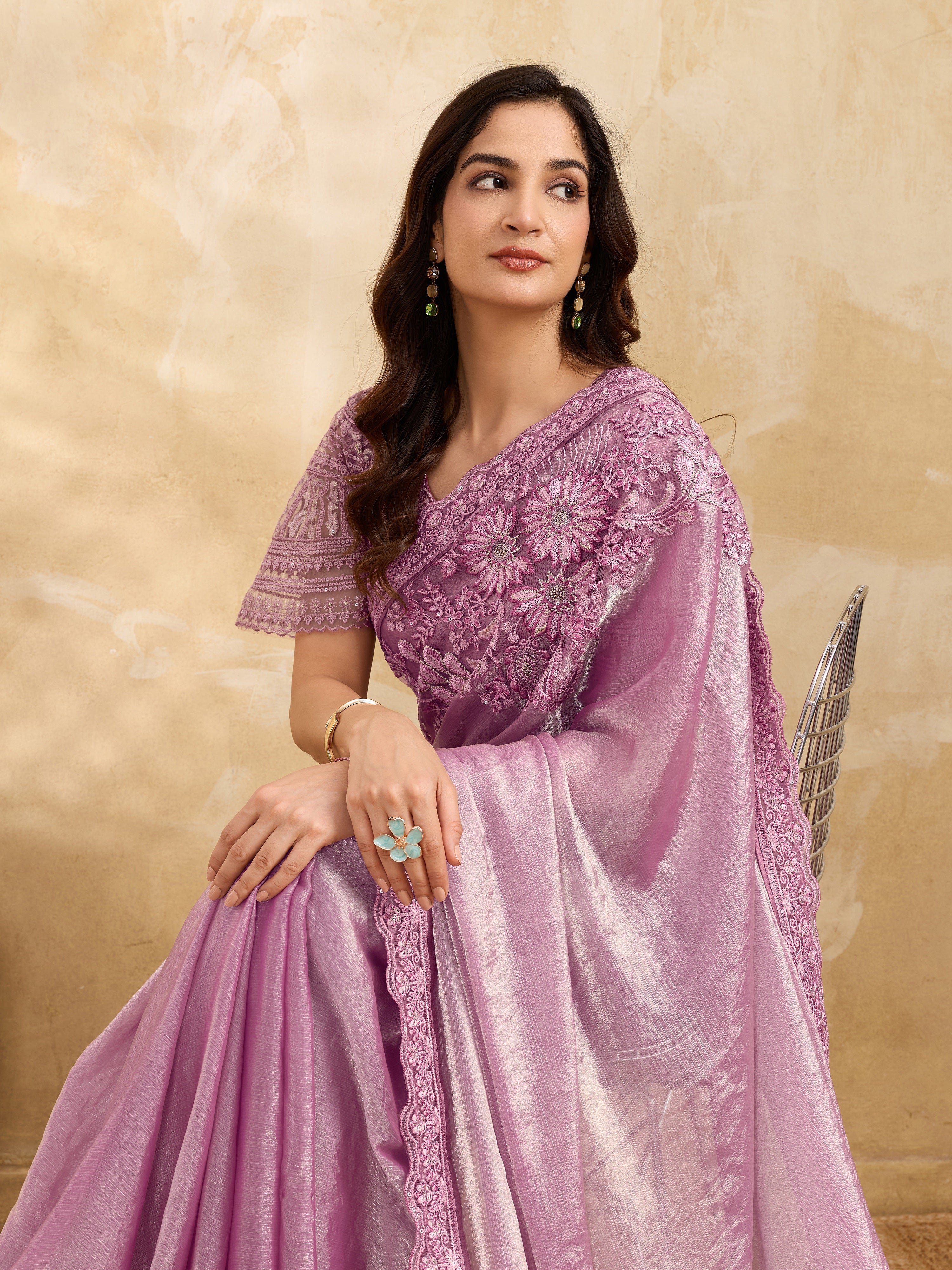 Light Pink Tussar Silk Embroidery Sequence Work Saree with Unstitch Blouse Piece