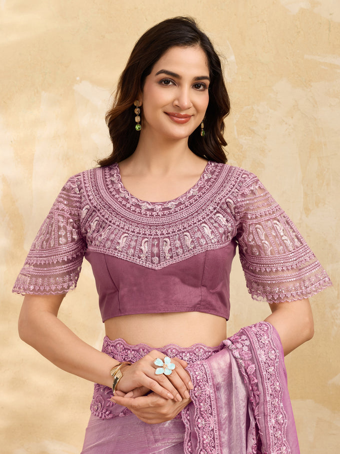 Light Pink Tussar Silk Embroidery Sequence Work Saree with Unstitch Blouse Piece