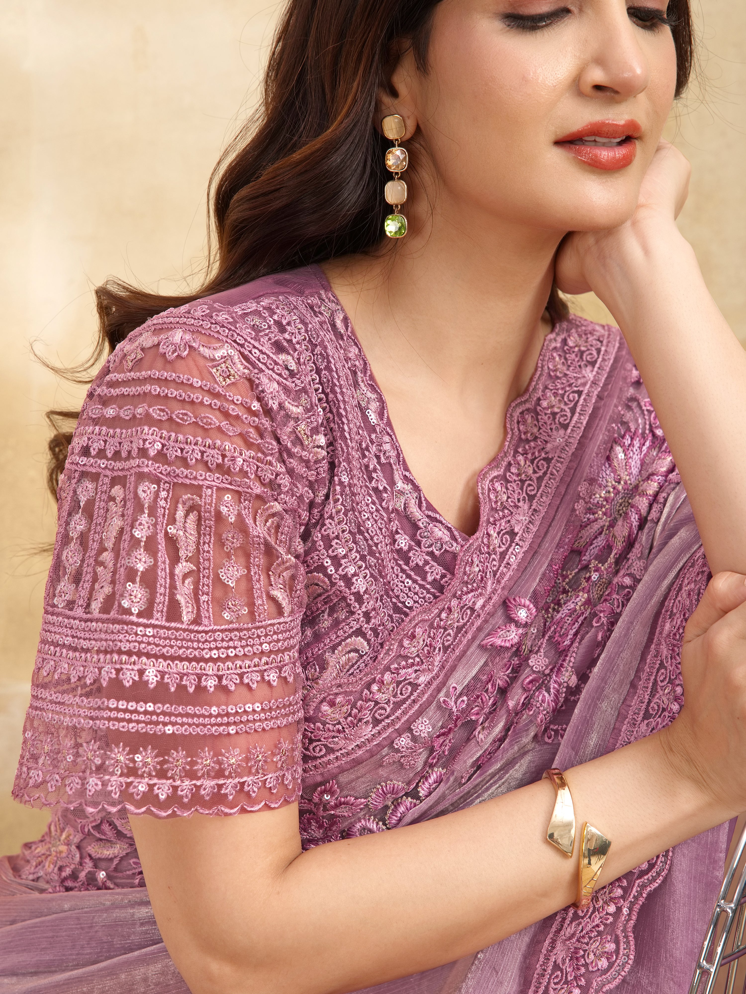 Light Pink Tussar Silk Embroidery Sequence Work Saree with Unstitch Blouse Piece