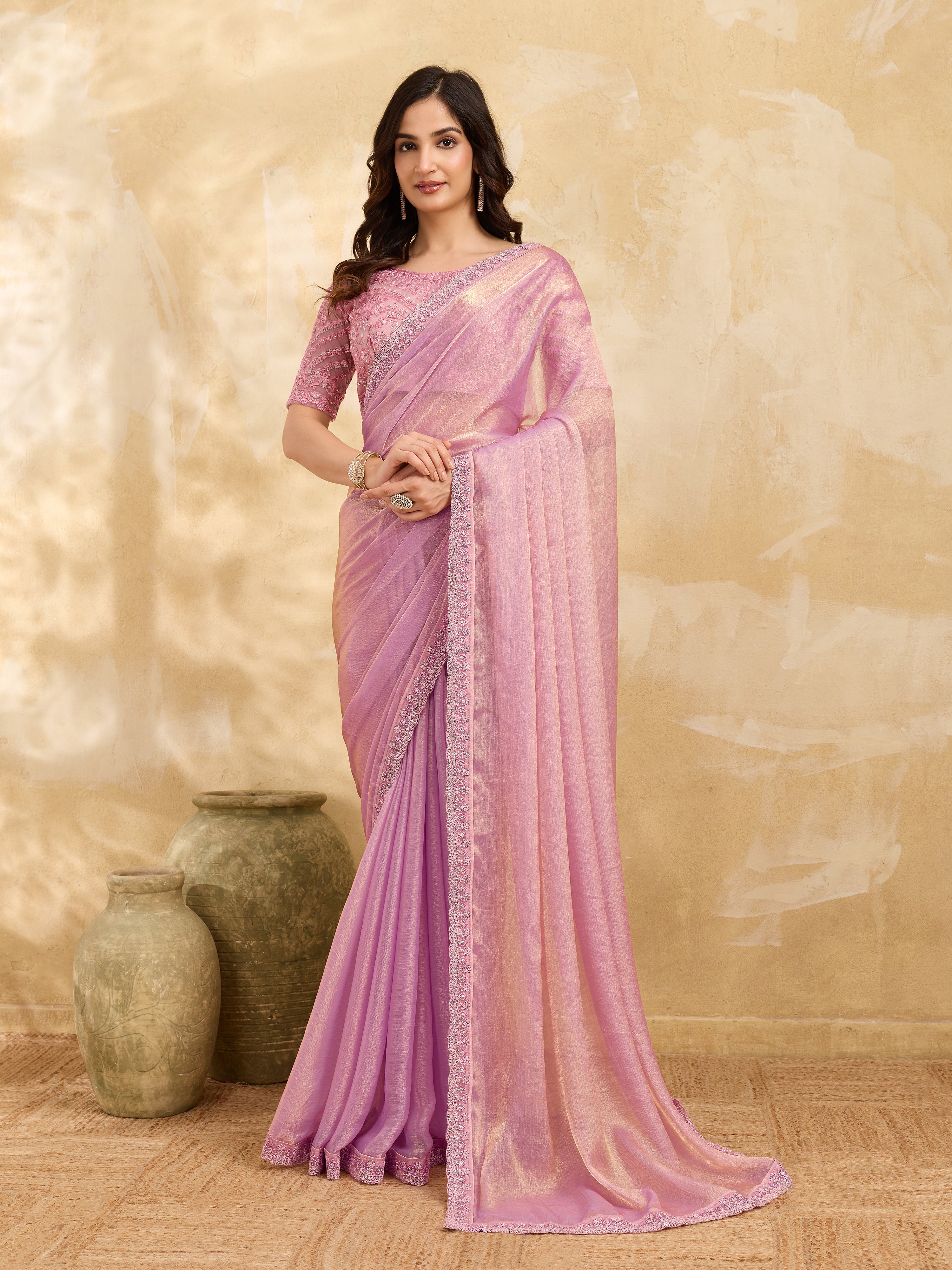 Light Pink Chiffon Embroidery Sequence work Saree with Unstitched Blouse Piece