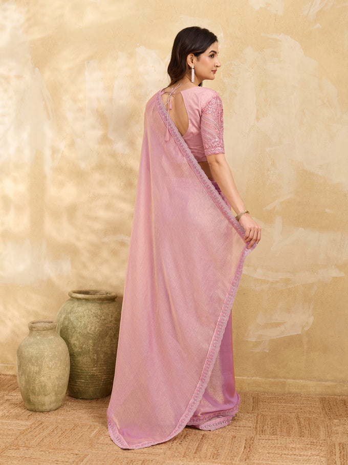 Light Pink Chiffon Embroidery Sequence work Saree with Unstitched Blouse Piece