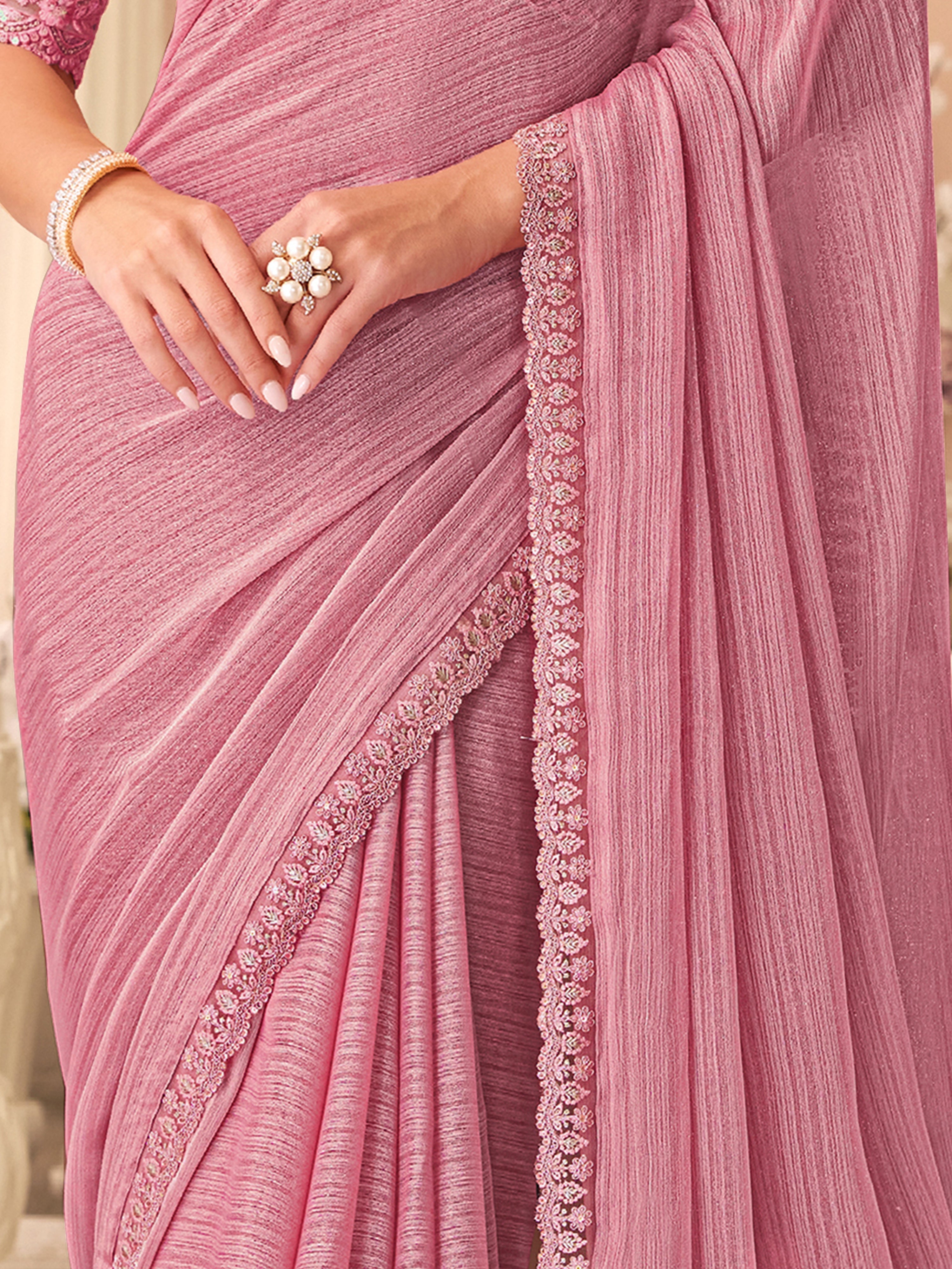 Light Pink Chiffon Embroidery Sequence work Saree with Unstitched Blouse Piece Trendmalls