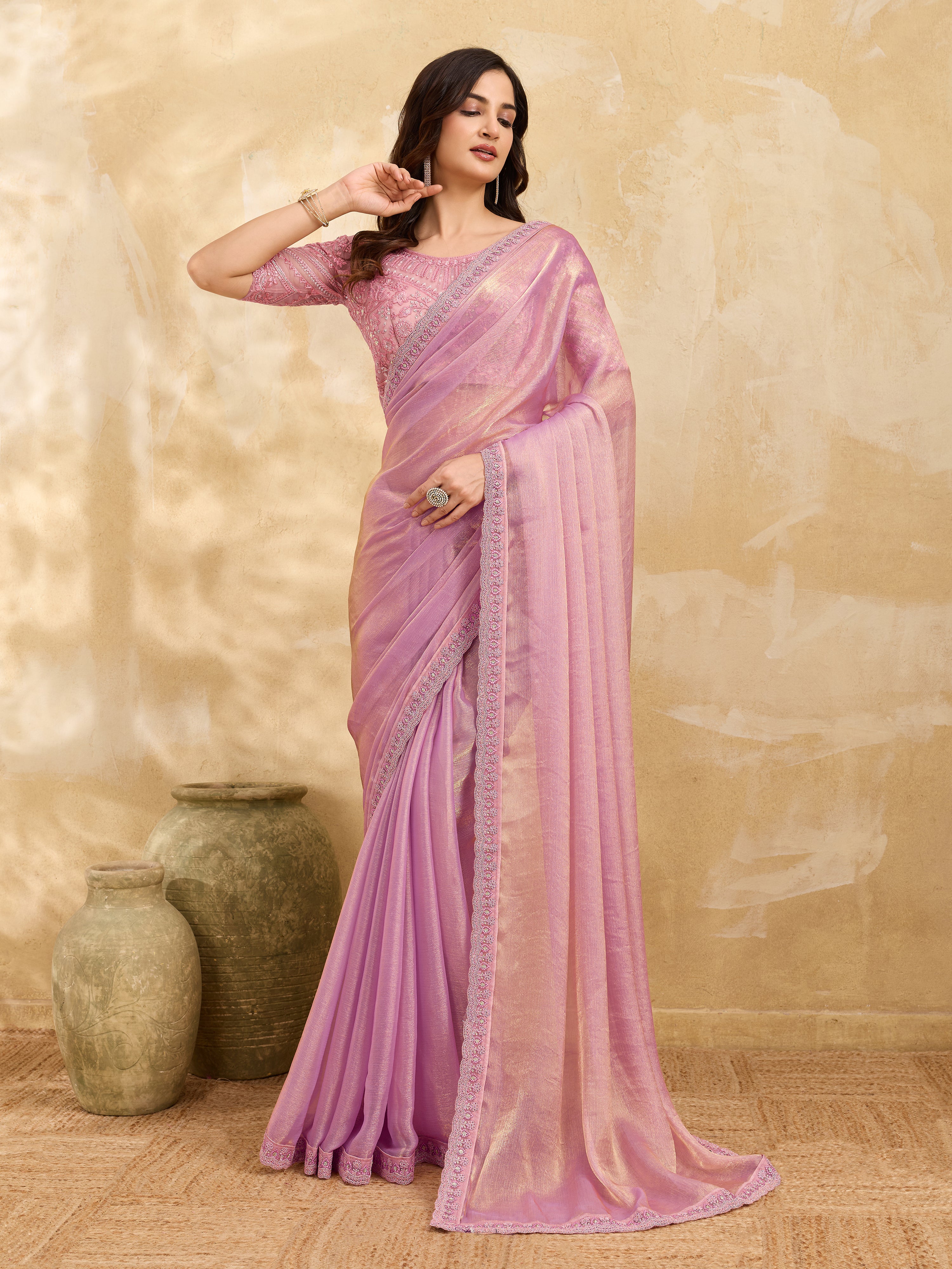 Light Pink Chiffon Embroidery Sequence work Saree with Unstitched Blouse Piece