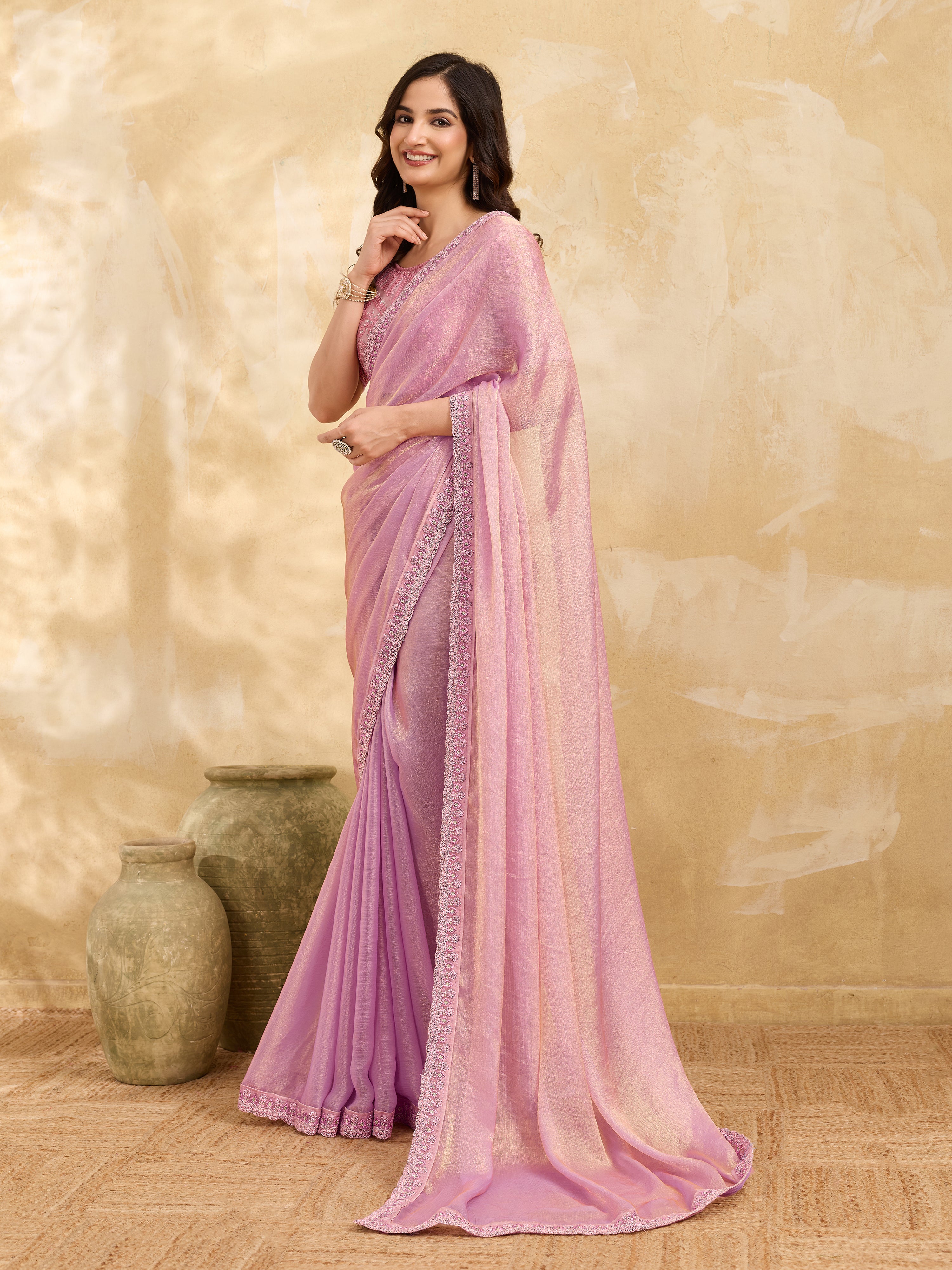 Light Pink Chiffon Embroidery Sequence work Saree with Unstitched Blouse Piece