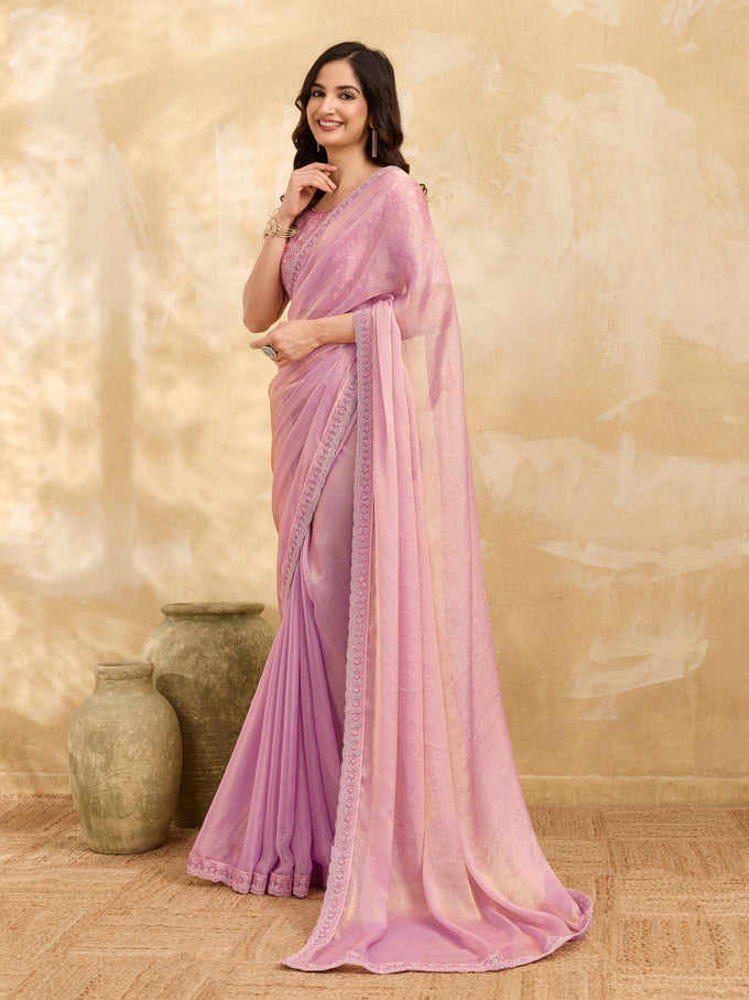 Light Pink Chiffon Embroidery Sequence work Saree with Unstitched Blouse Piece