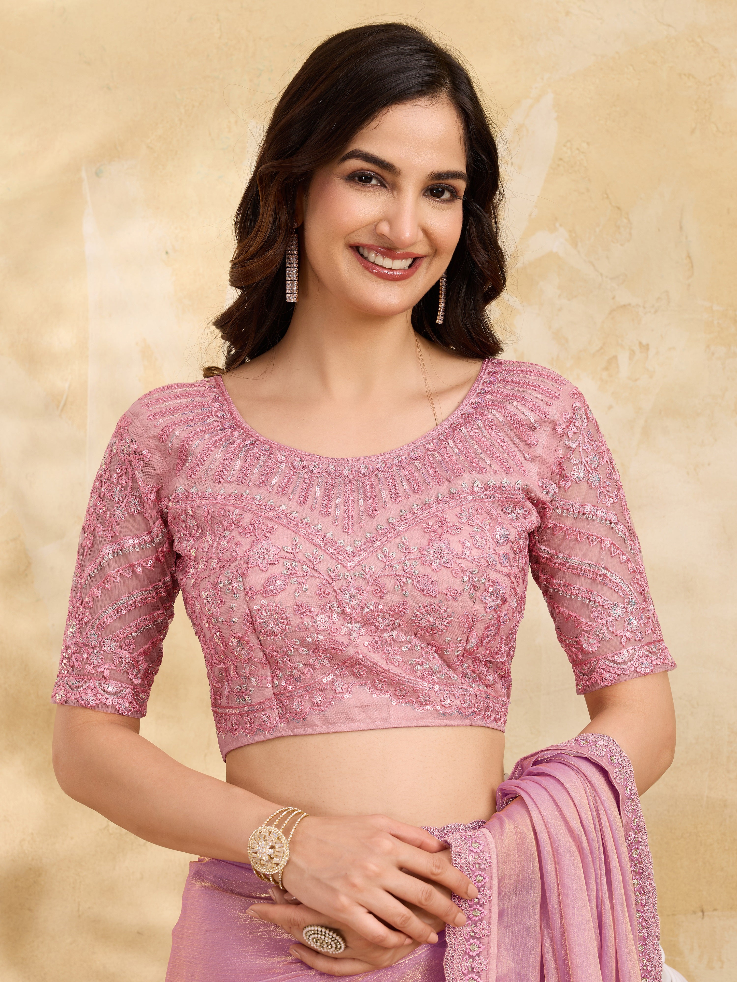 Light Pink Chiffon Embroidery Sequence work Saree with Unstitched Blouse Piece