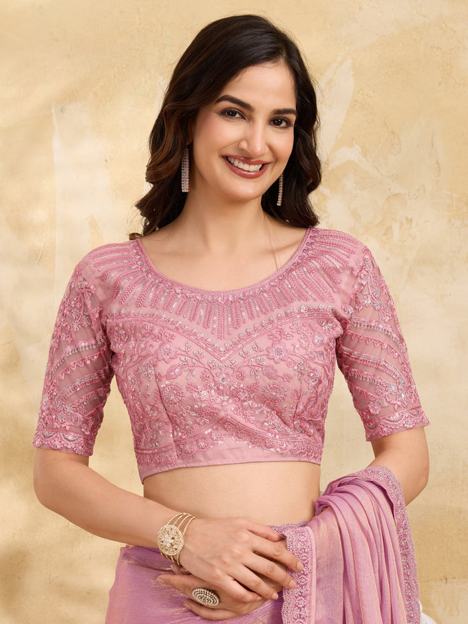 Light Pink Chiffon Embroidery Sequence work Saree with Unstitched Blouse Piece