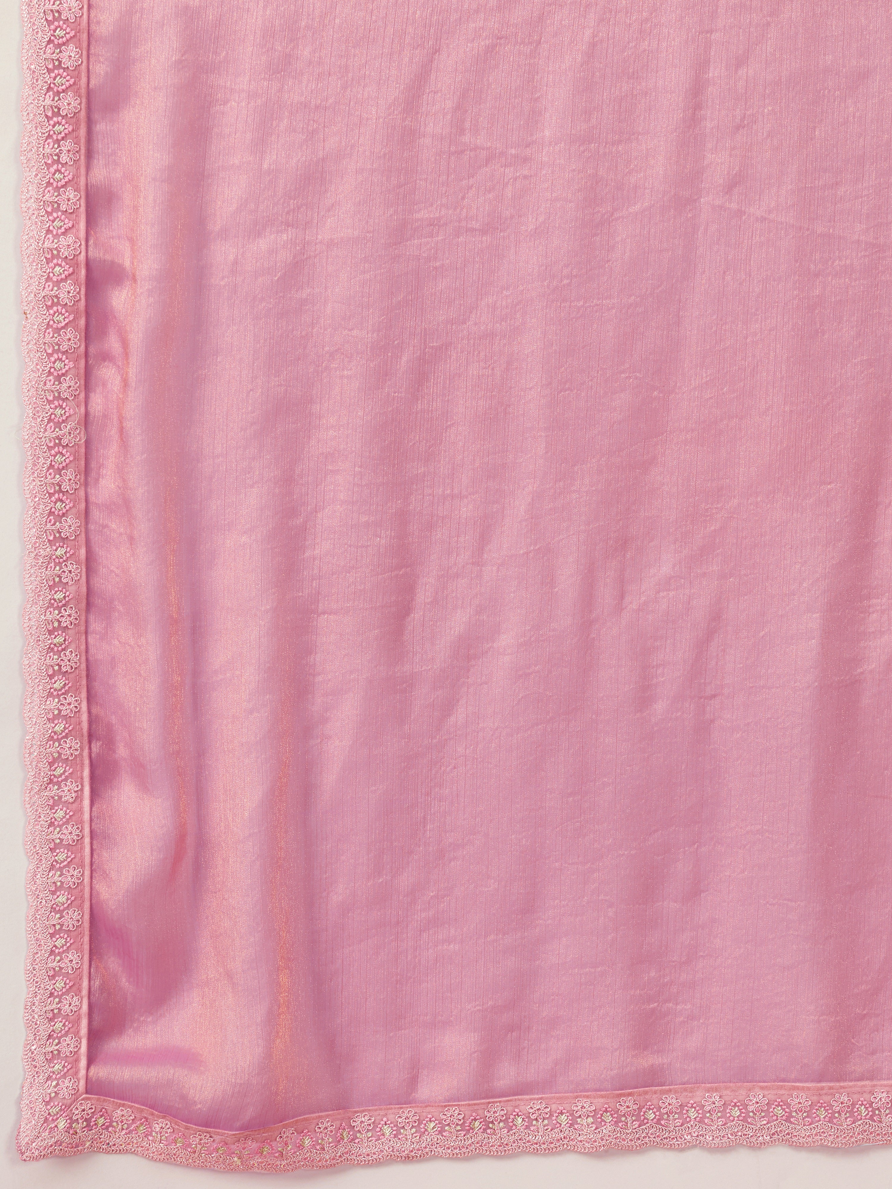 Light Pink Chiffon Embroidery Sequence work Saree with Unstitched Blouse Piece