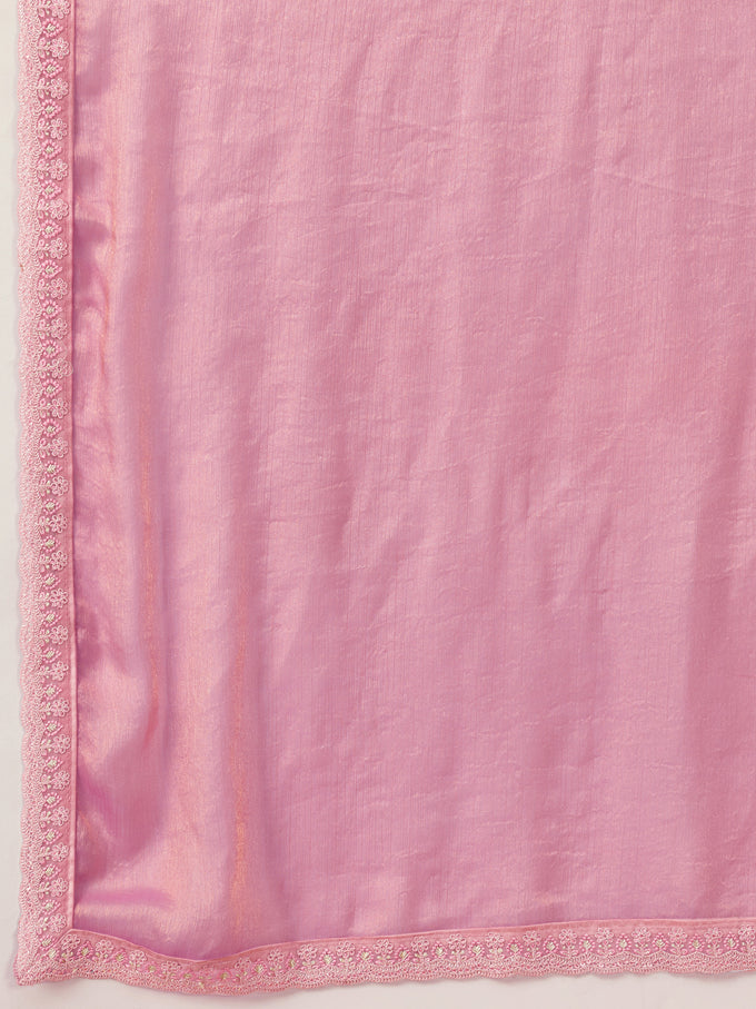 Light Pink Chiffon Embroidery Sequence work Saree with Unstitched Blouse Piece