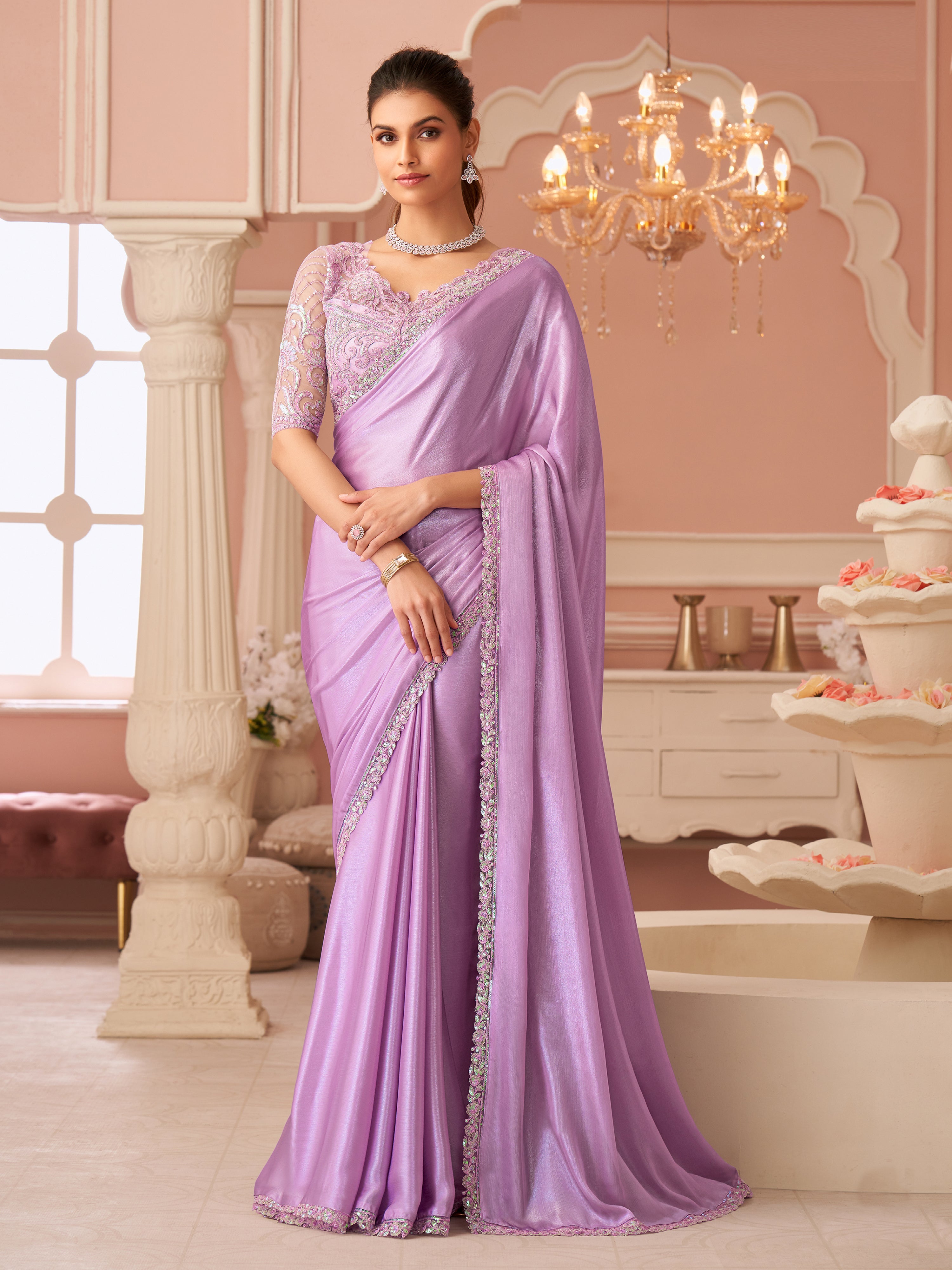 Light Pink Tussar Silk Embroidery Sequence Work Saree with Unstitch Blouse Piece