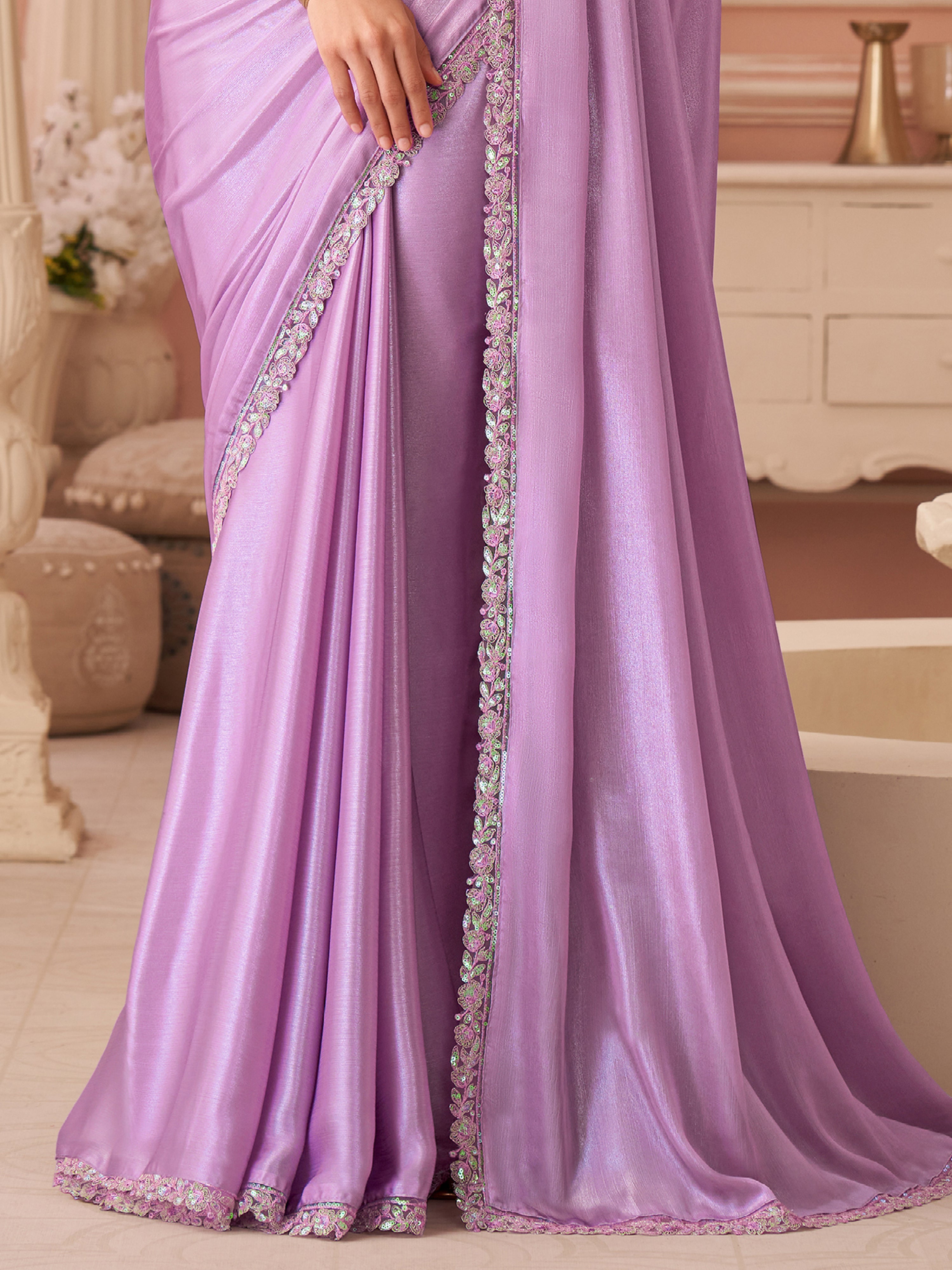 Light Pink Tussar Silk Embroidery Sequence Work Saree with Unstitch Blouse Piece