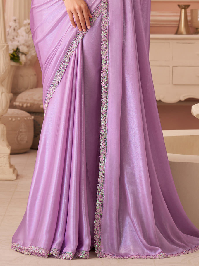 Light Pink Tussar Silk Embroidery Sequence Work Saree with Unstitch Blouse Piece