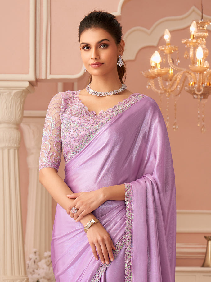 Light Pink Tussar Silk Embroidery Sequence Work Saree with Unstitch Blouse Piece