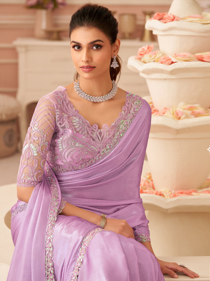 Light Pink Tussar Silk Embroidery Sequence Work Saree with Unstitch Blouse Piece