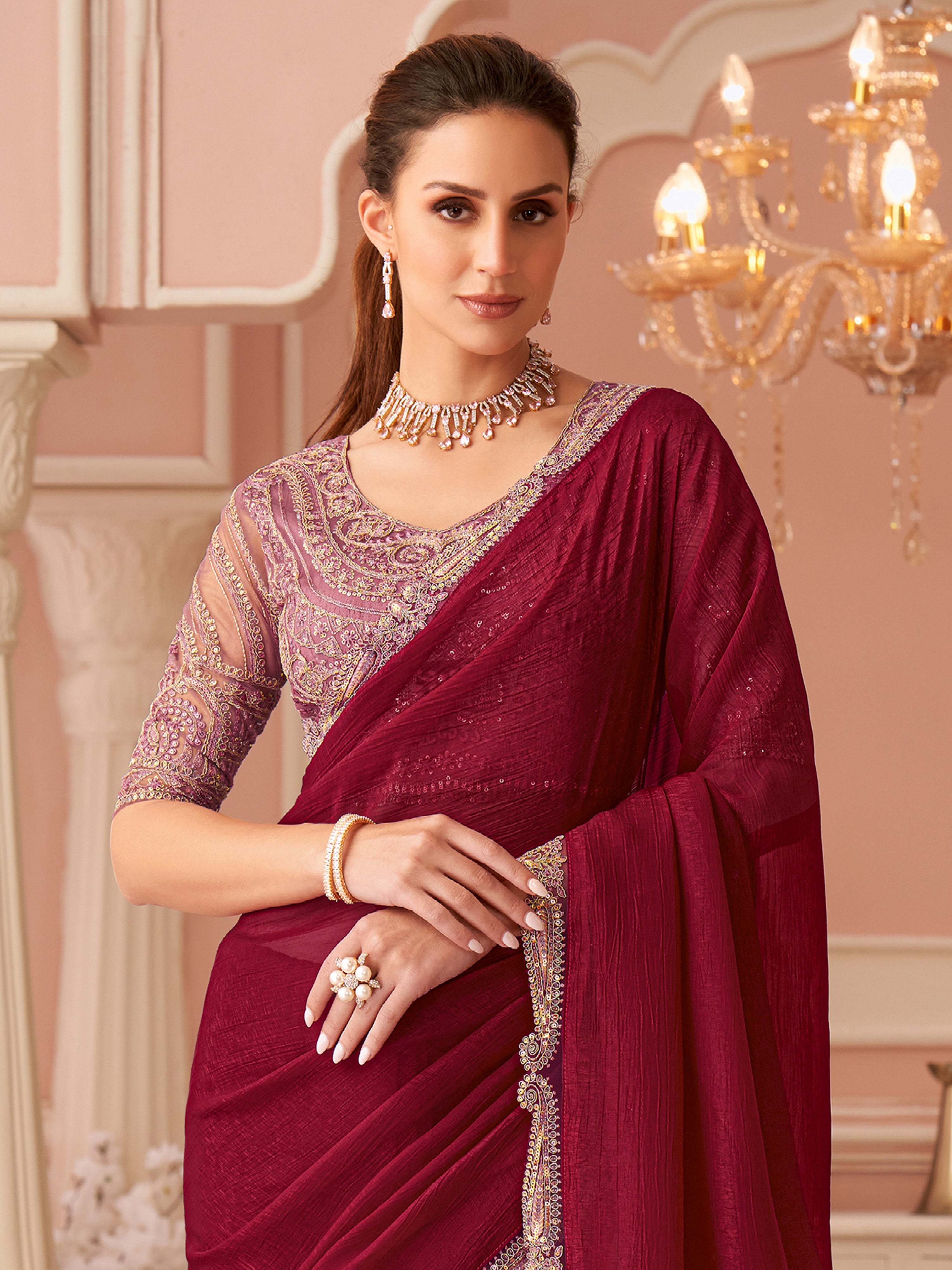 Tussar Silk Embroidery Sequence Work Saree with Unstitch Blouse Piece Trendmalls