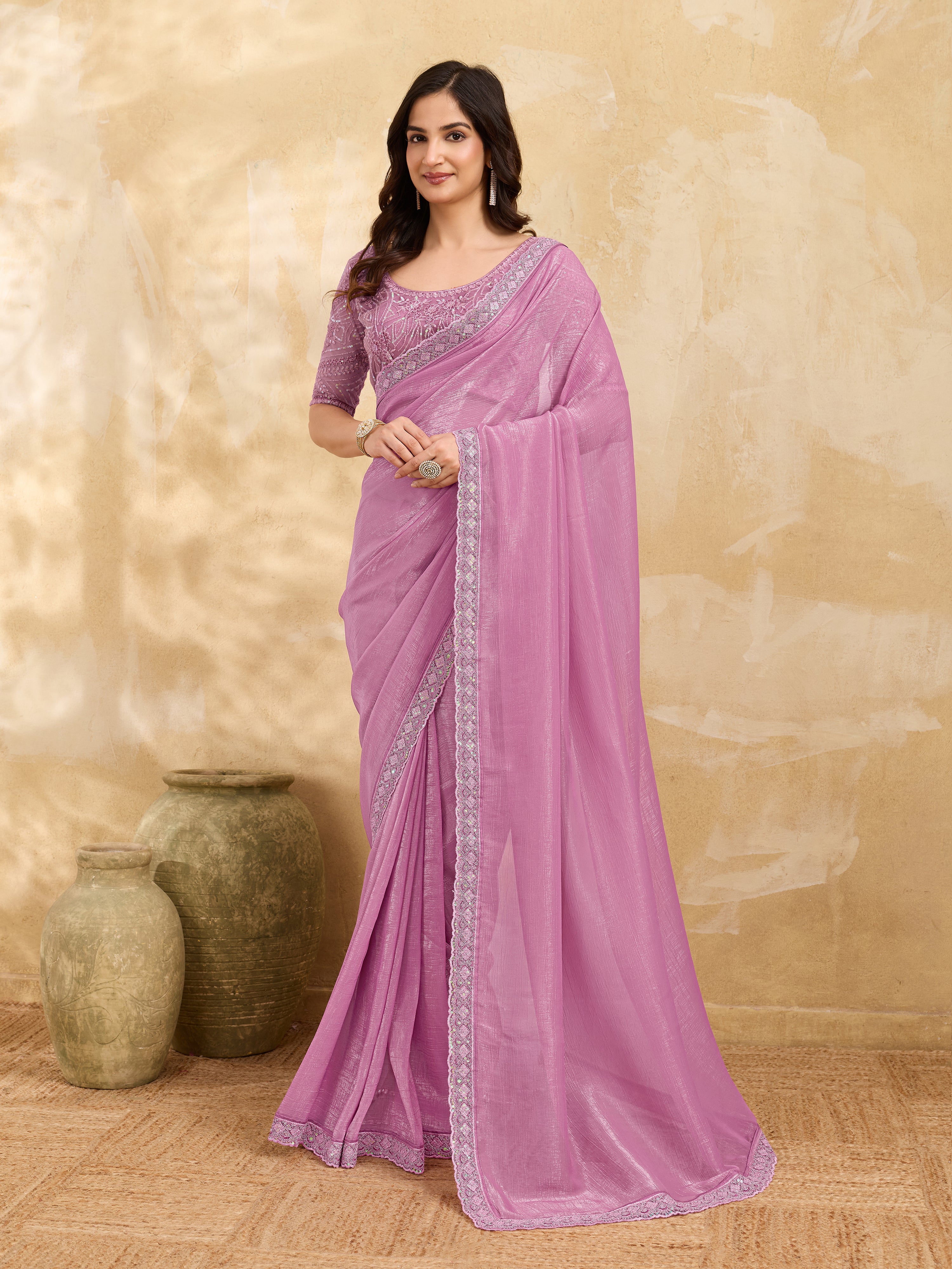 Pink Tussar Silk Embroidery Sequence work Saree with Unstitched Blouse Piece