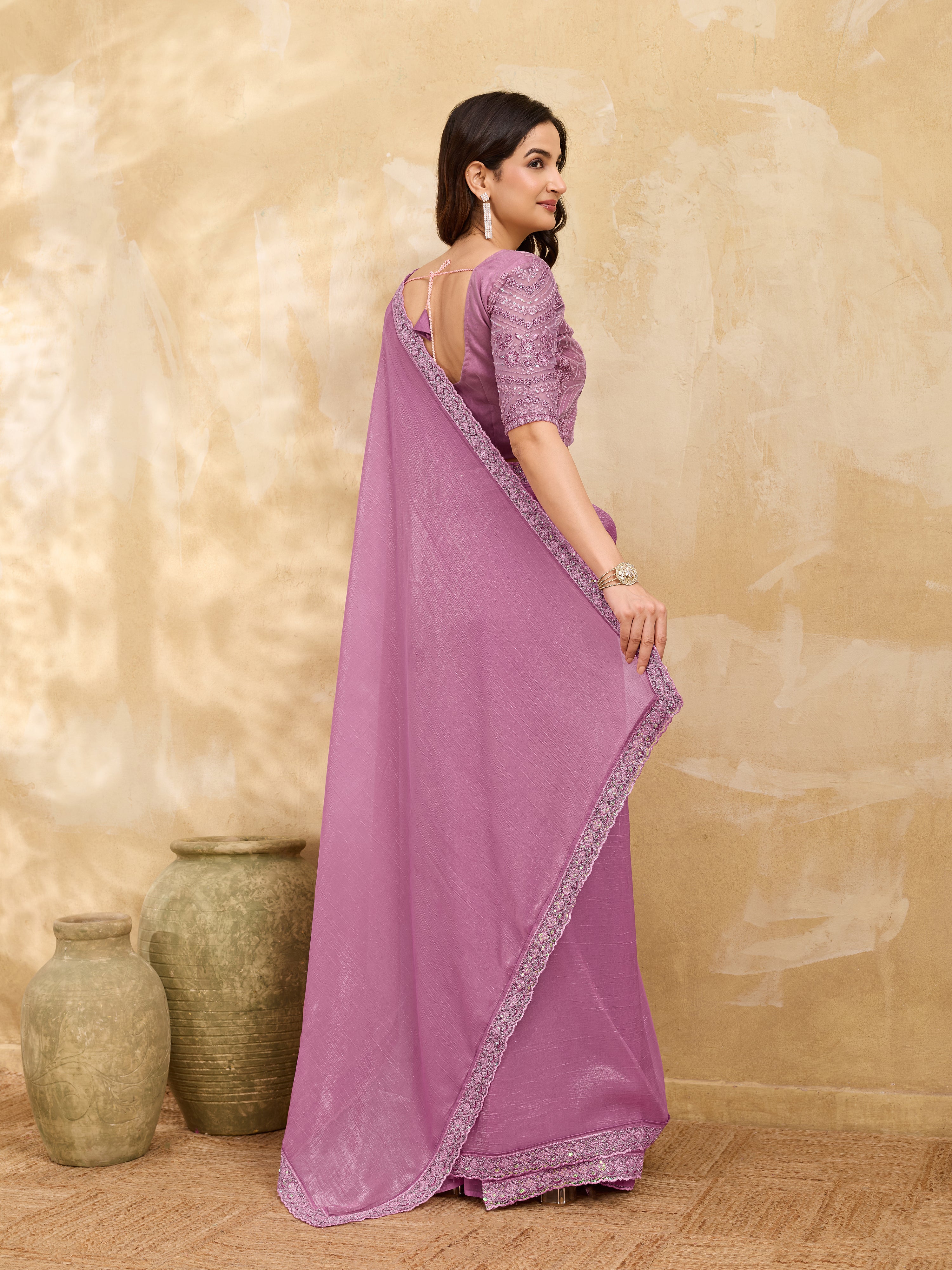 Pink Tussar Silk Embroidery Sequence work Saree with Unstitched Blouse Piece
