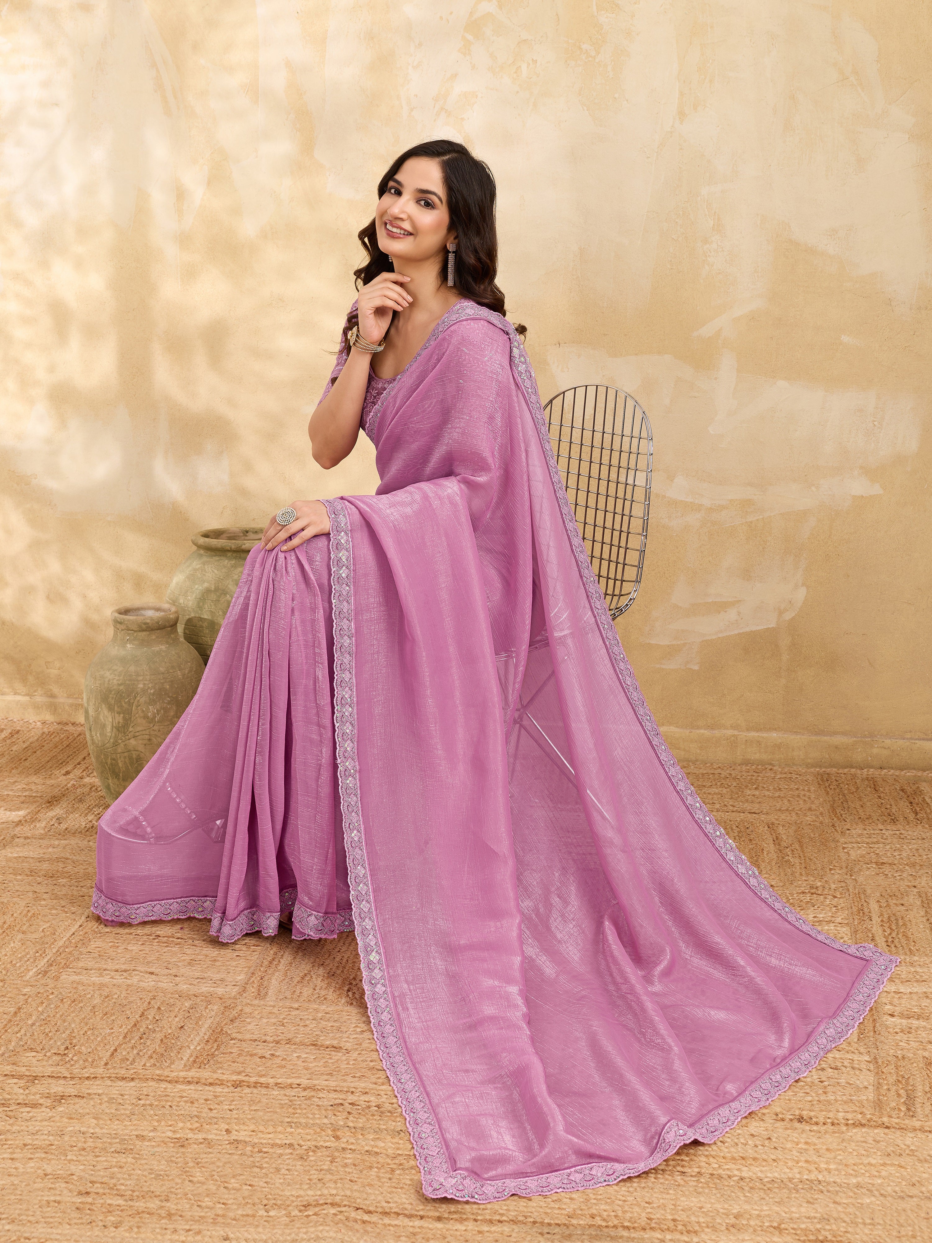 Pink Tussar Silk Embroidery Sequence work Saree with Unstitched Blouse Piece