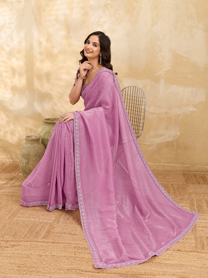 Pink Tussar Silk Embroidery Sequence work Saree with Unstitched Blouse Piece