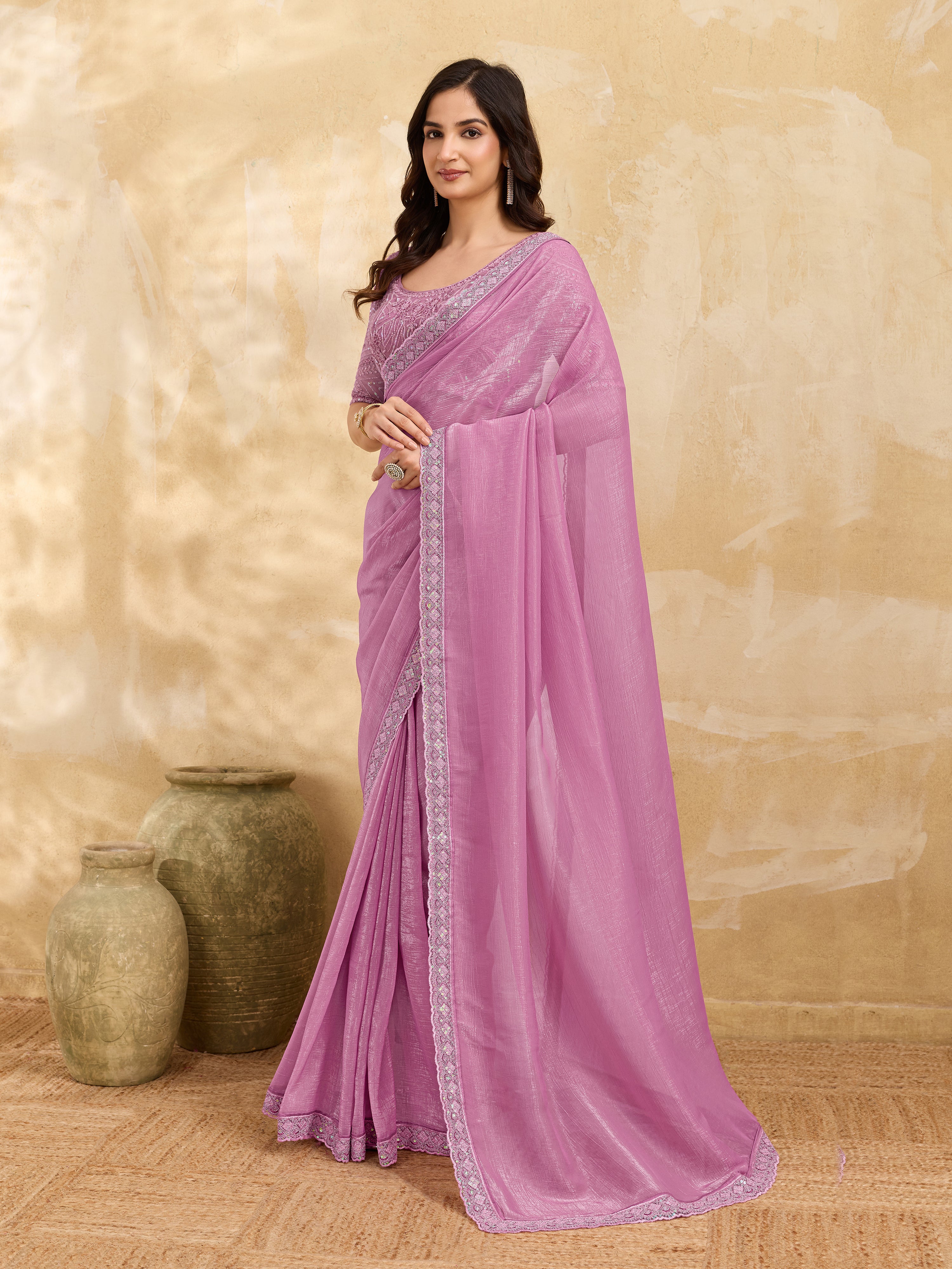 Pink Tussar Silk Embroidery Sequence work Saree with Unstitched Blouse Piece