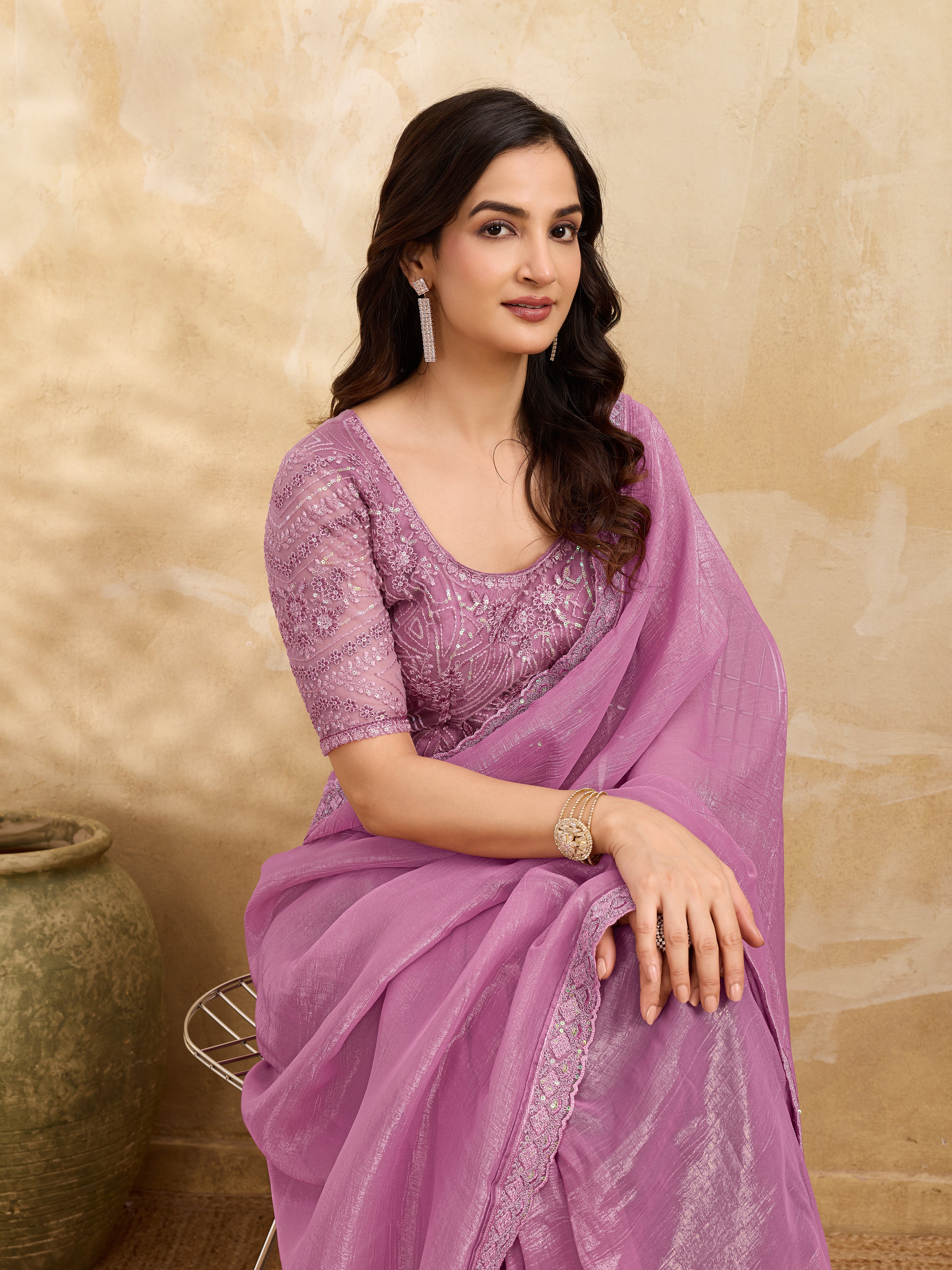 Pink Tussar Silk Embroidery Sequence work Saree with Unstitched Blouse Piece