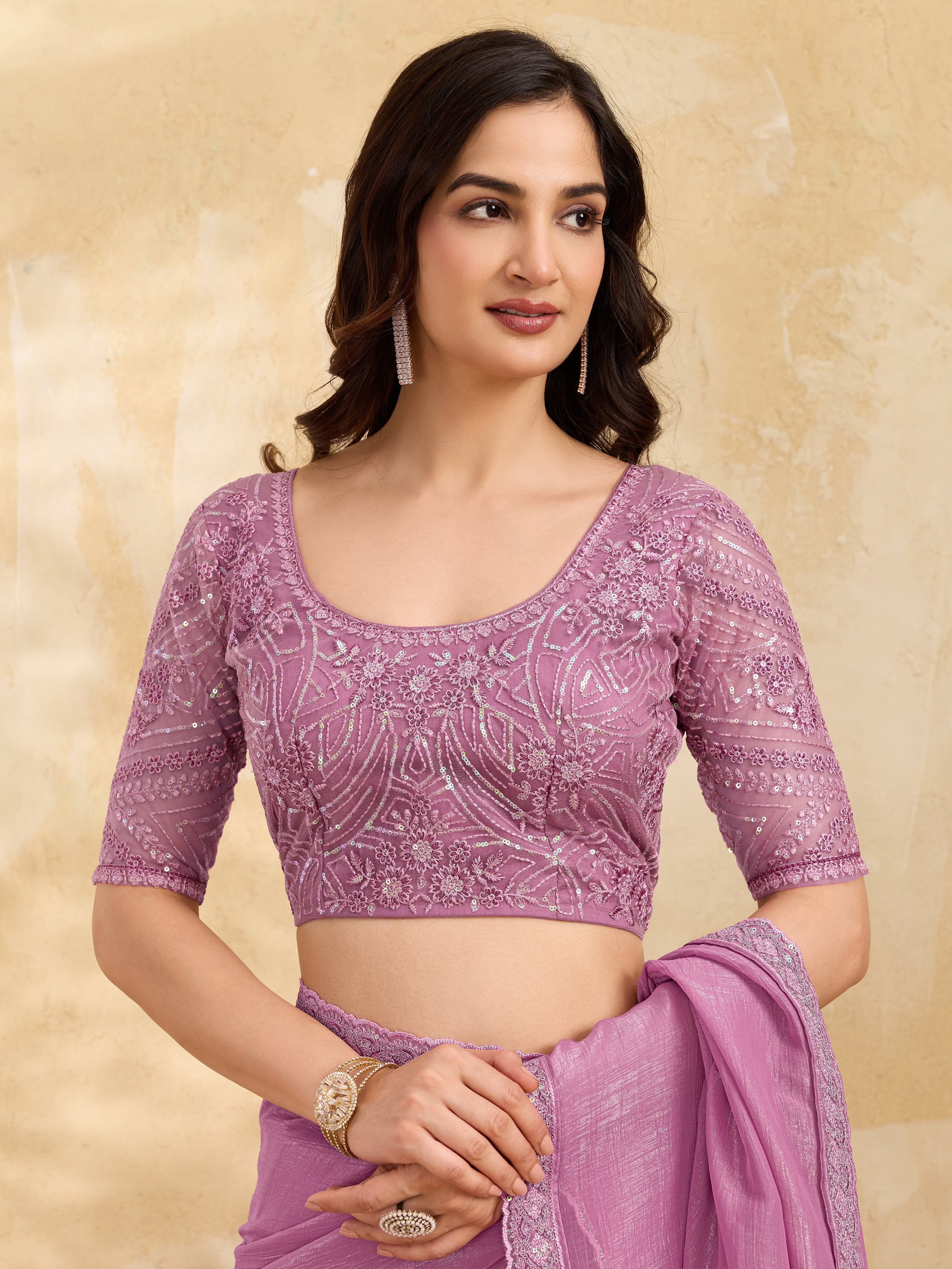 Pink Tussar Silk Embroidery Sequence work Saree with Unstitched Blouse Piece