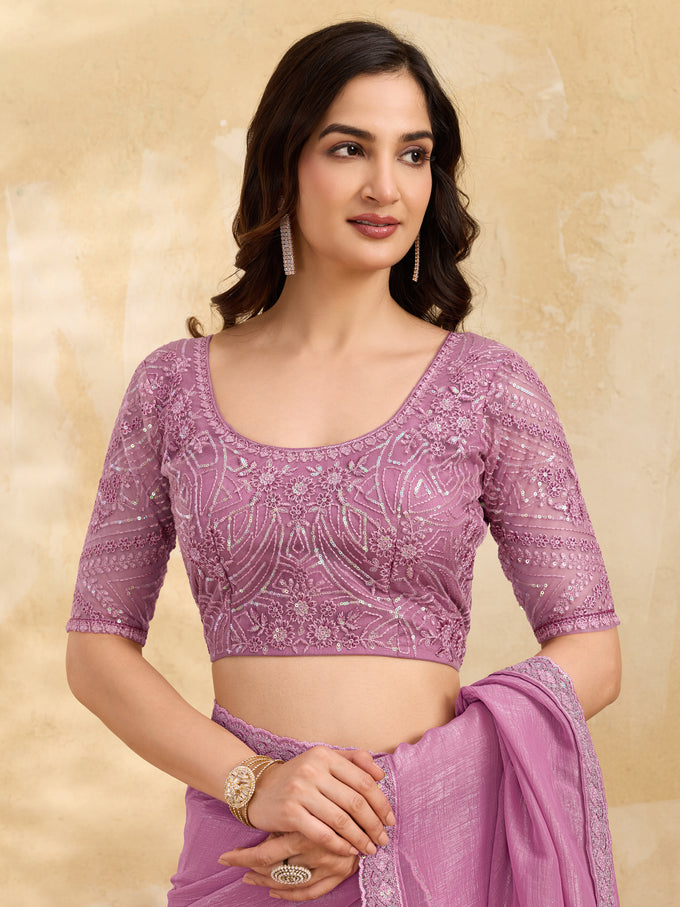 Pink Tussar Silk Embroidery Sequence work Saree with Unstitched Blouse Piece
