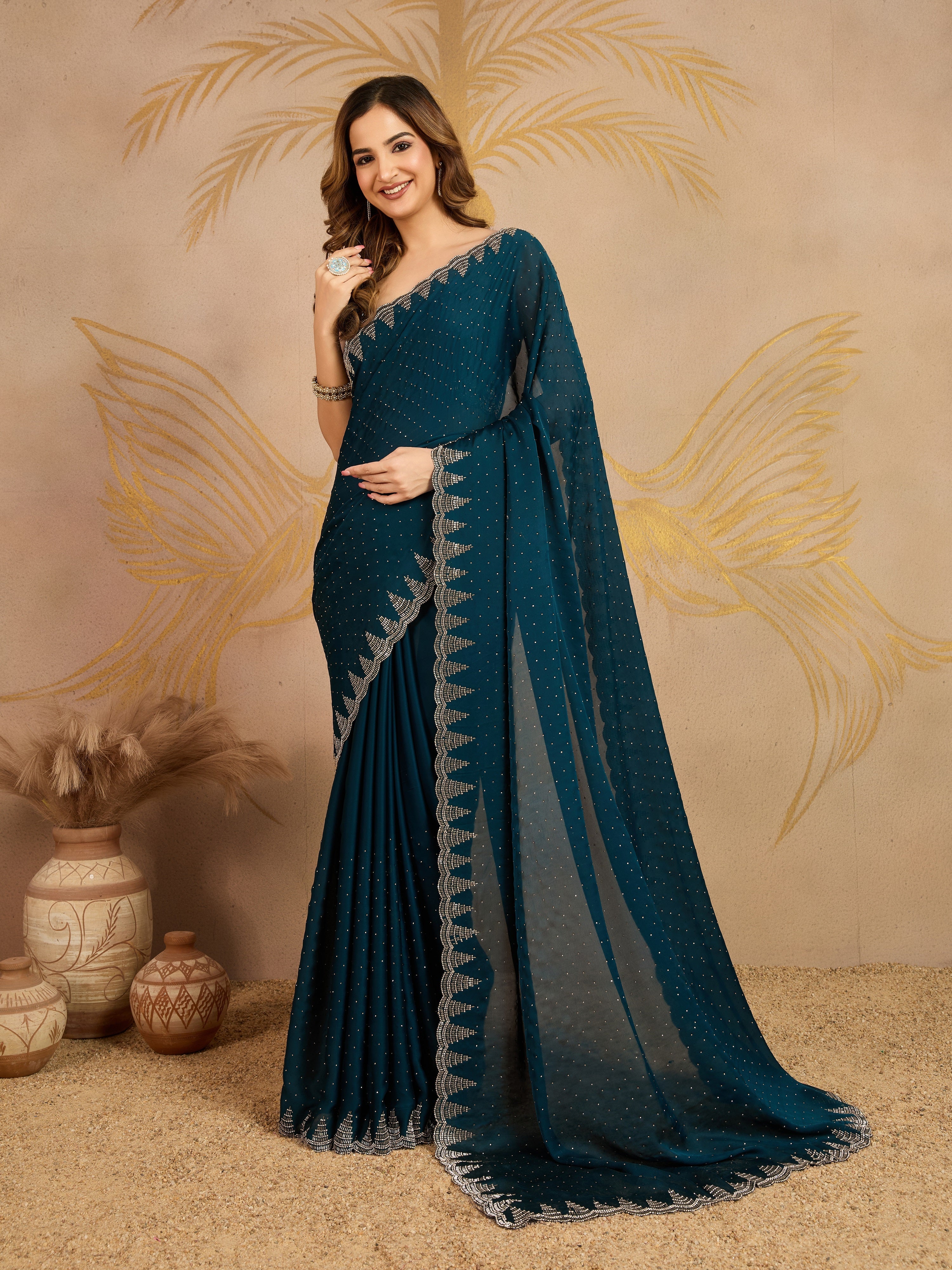Morpeach Satin Siroski work Saree with Unstitched Blouse Piece For Women's Trendmalls