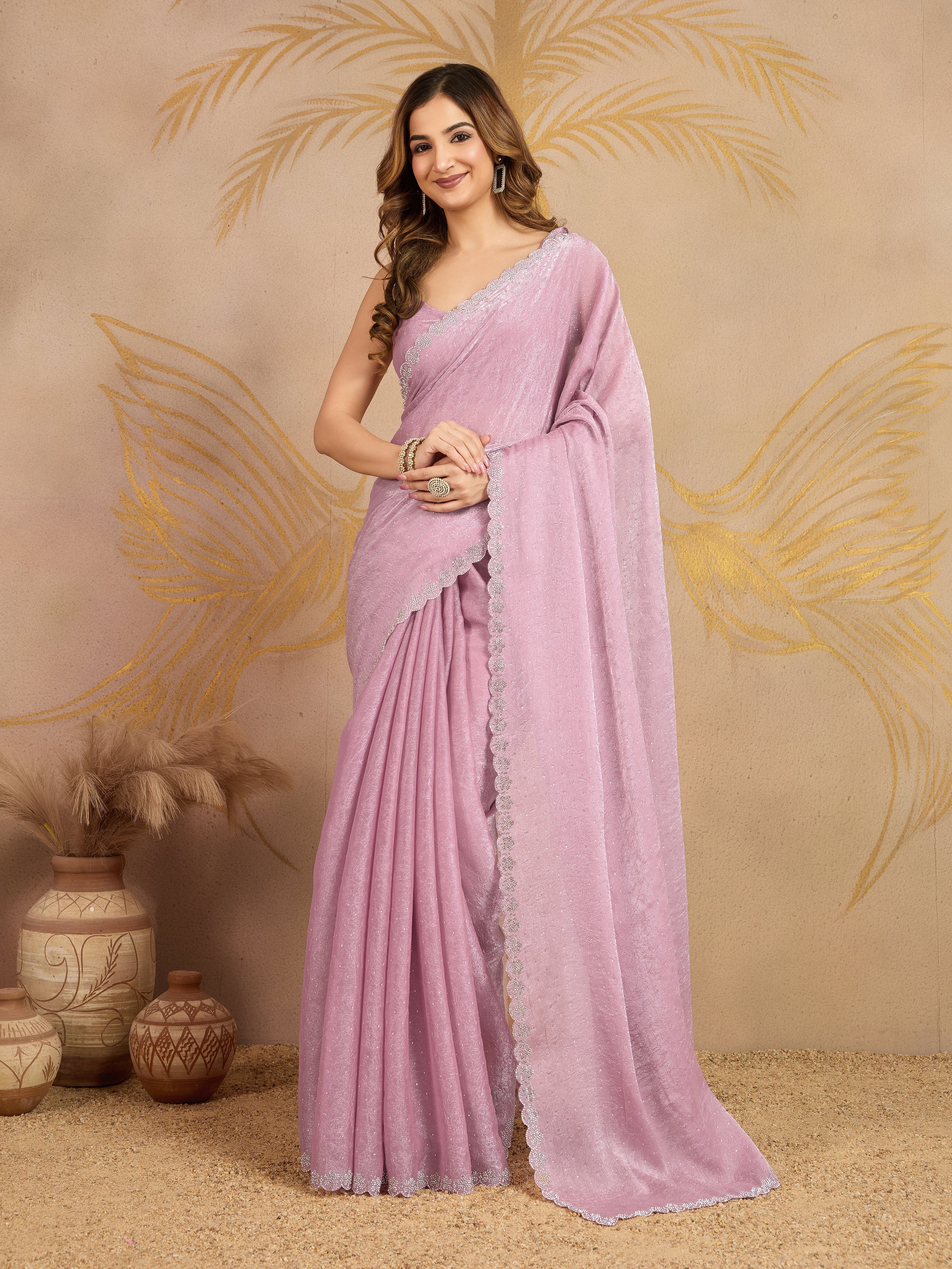 Light Pink Art Silk Siroski Zarkan Work Saree with Unstitched Blouse Piece Trendmalls