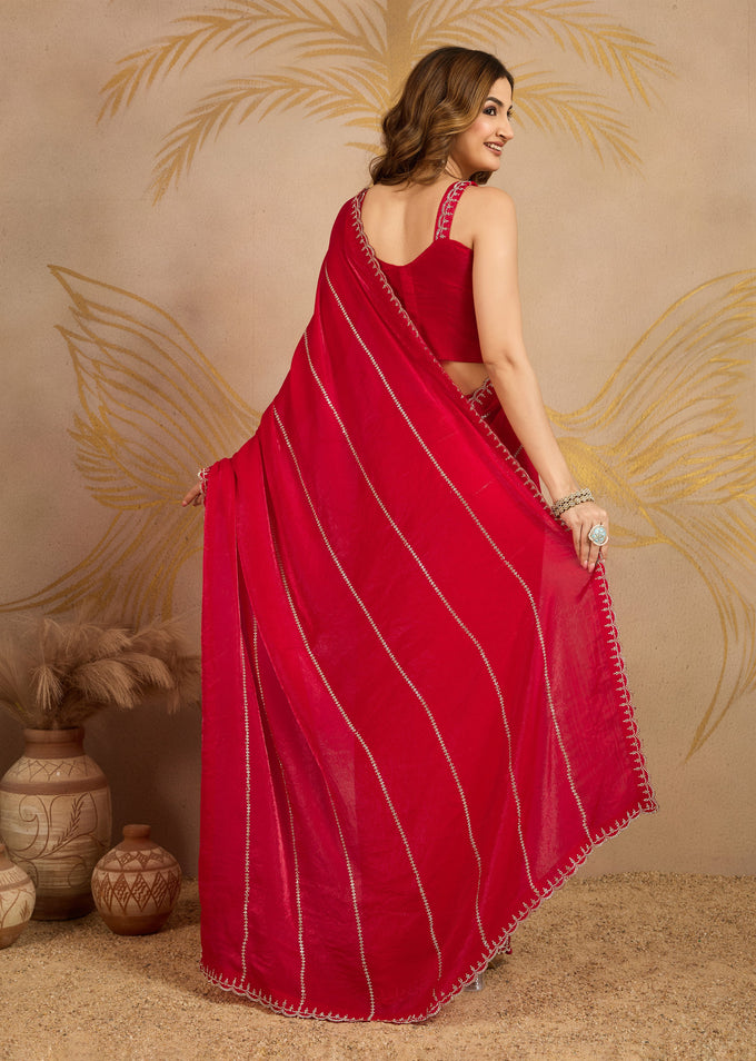 Red Satin Zarkan Siroski work Saree with Unstitched Blouse Piece For Women's Trendmalls