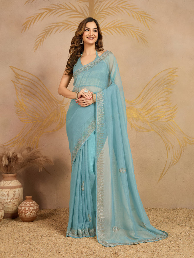 Sky Blue Art Silk Zarkan Work Saree with Unstitched Blouse Piece For Women's Trendmalls