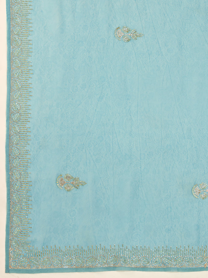 Sky Blue Art Silk Zarkan Work Saree with Unstitched Blouse Piece For Women's Trendmalls