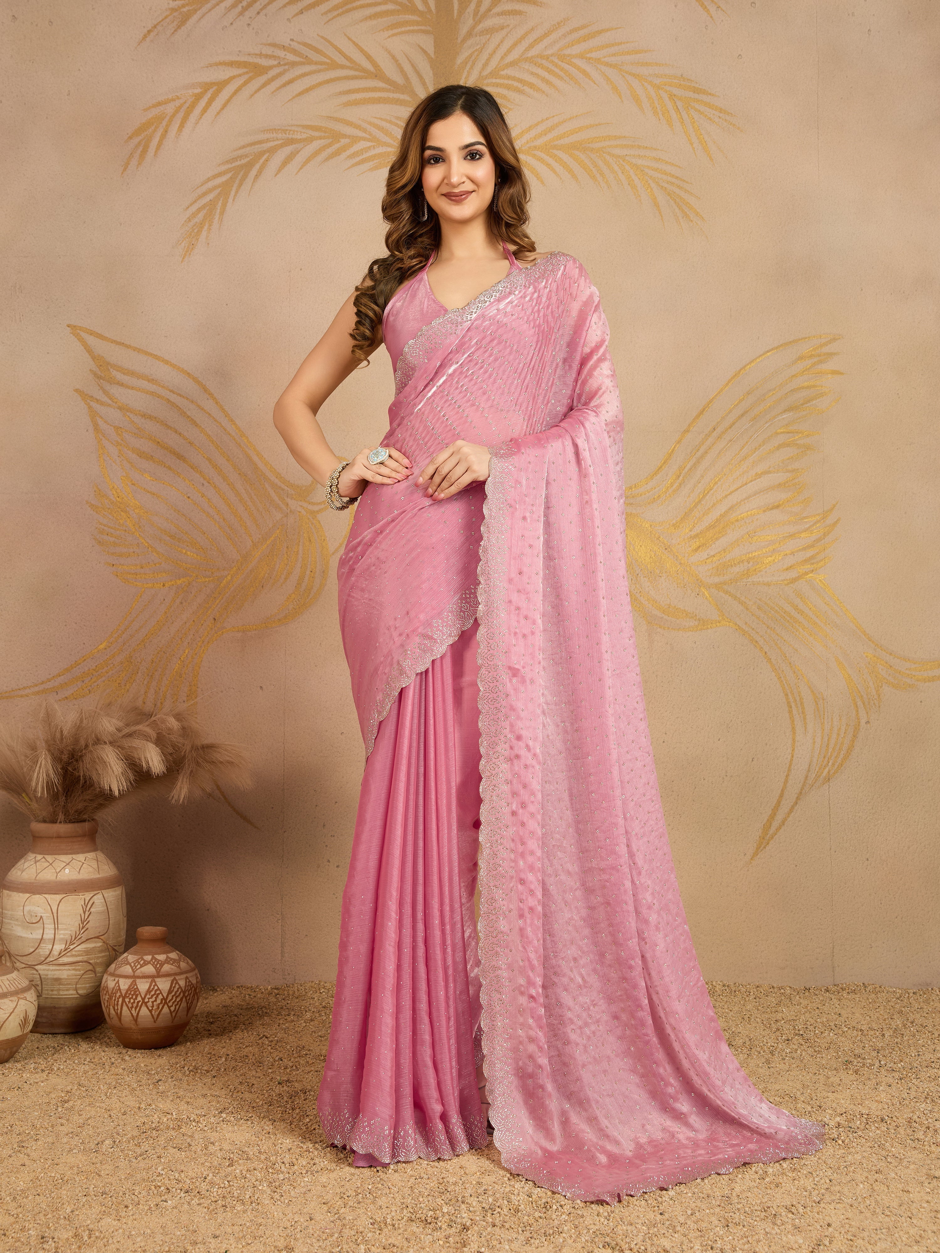 Pink Chiffon Siroski Work Saree with Unstitched Blouse Piece Trendmalls