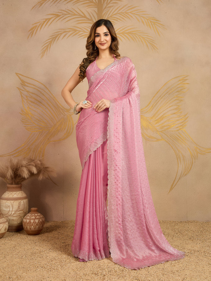 Pink Chiffon Siroski Work Saree with Unstitched Blouse Piece Trendmalls