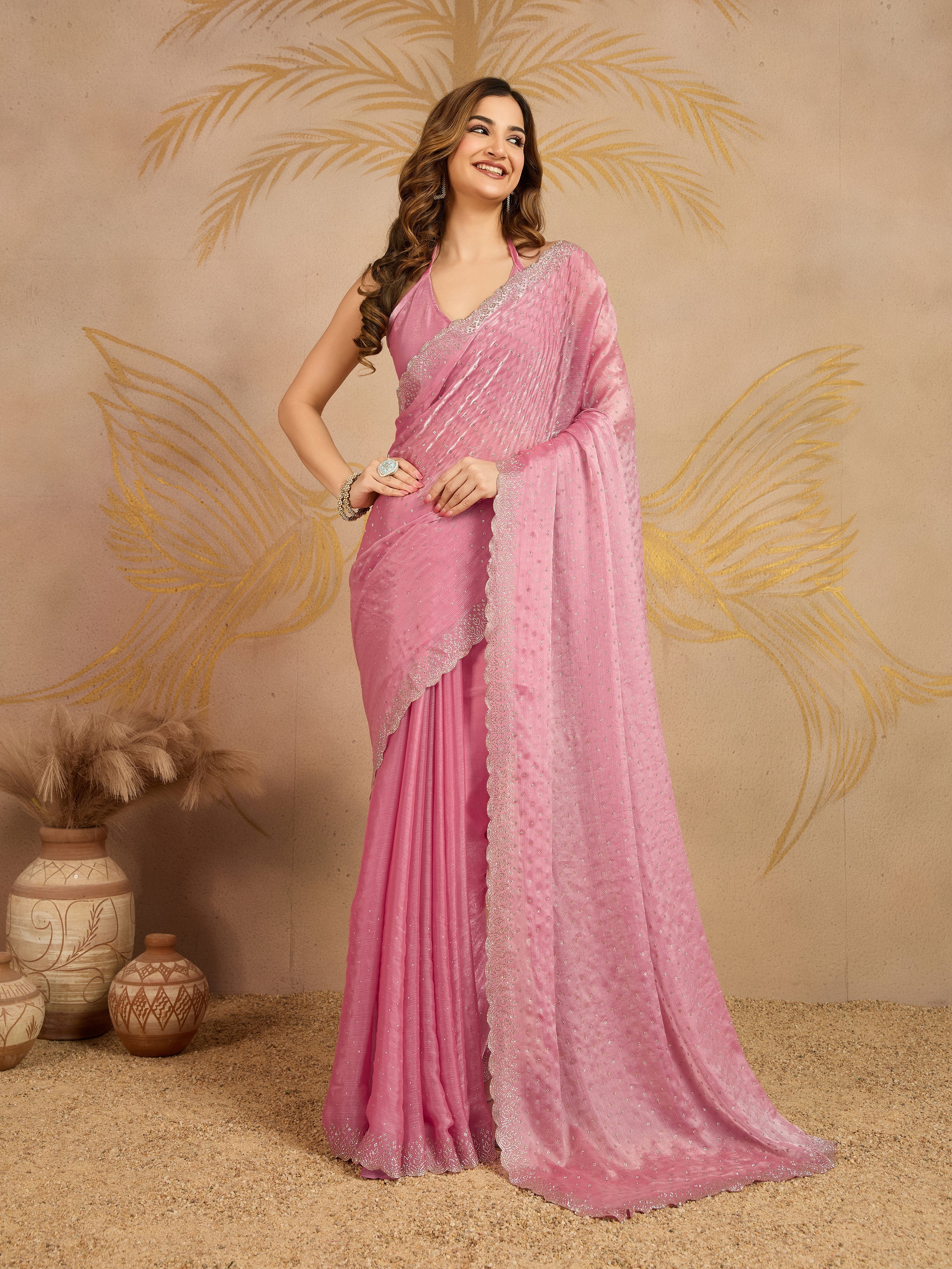 Pink Chiffon Siroski Work Saree with Unstitched Blouse Piece Trendmalls