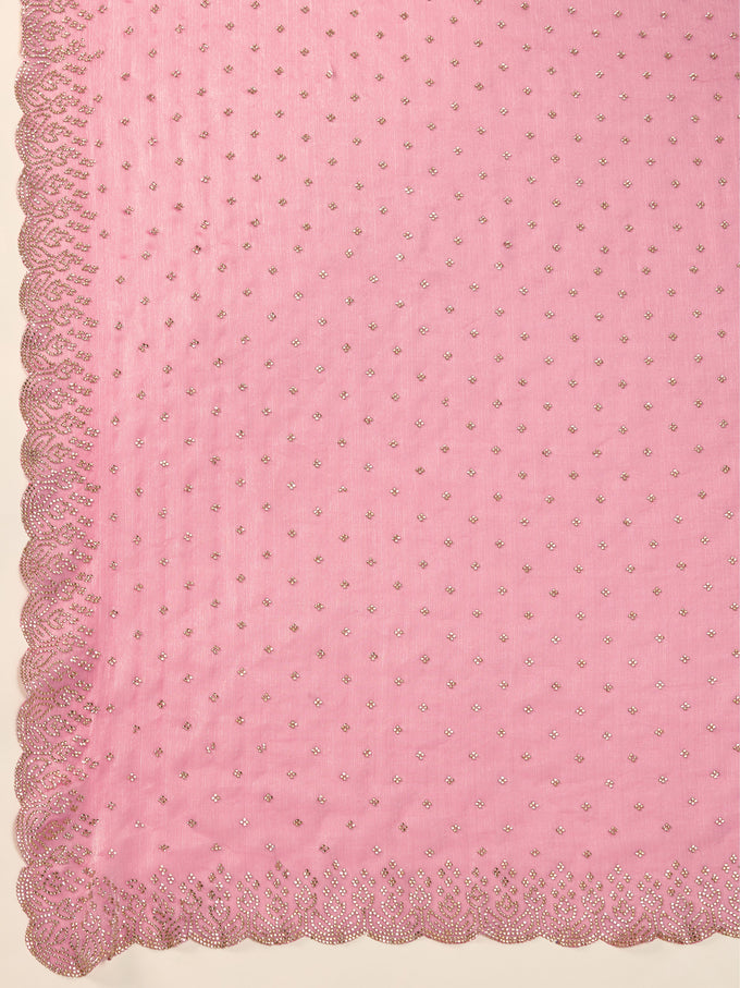 Pink Chiffon Siroski Work Saree with Unstitched Blouse Piece Trendmalls