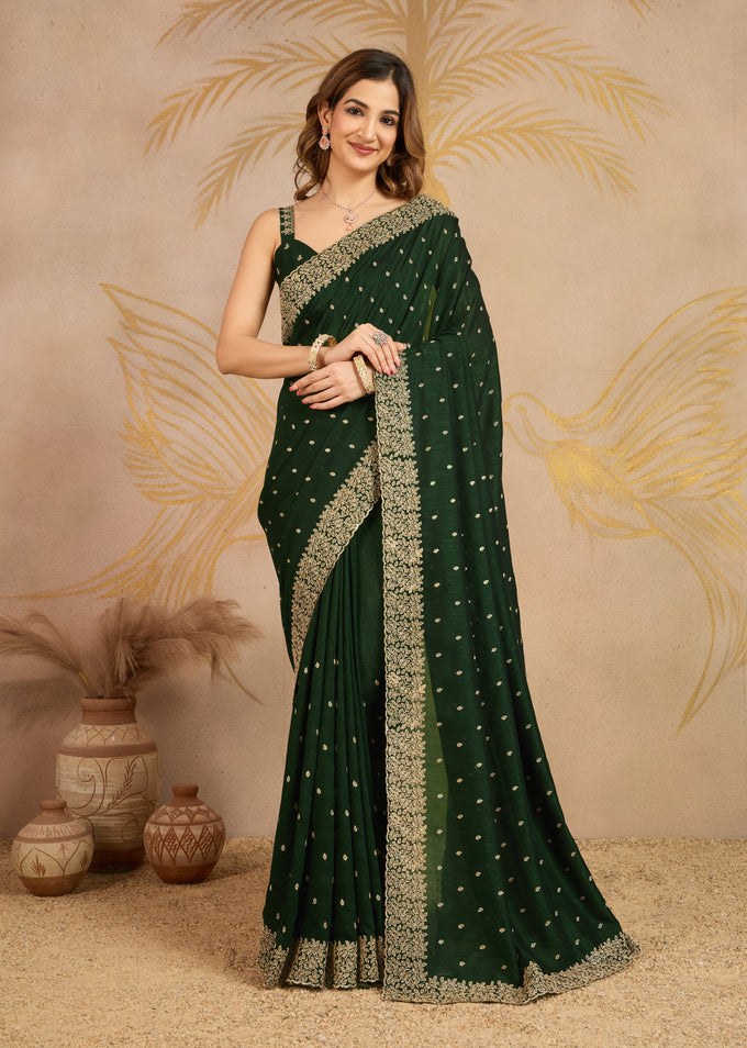 Dark Green Art Silk Embroidery Work Saree With Unstitched Blouse Piece For Woman's Trendmalls