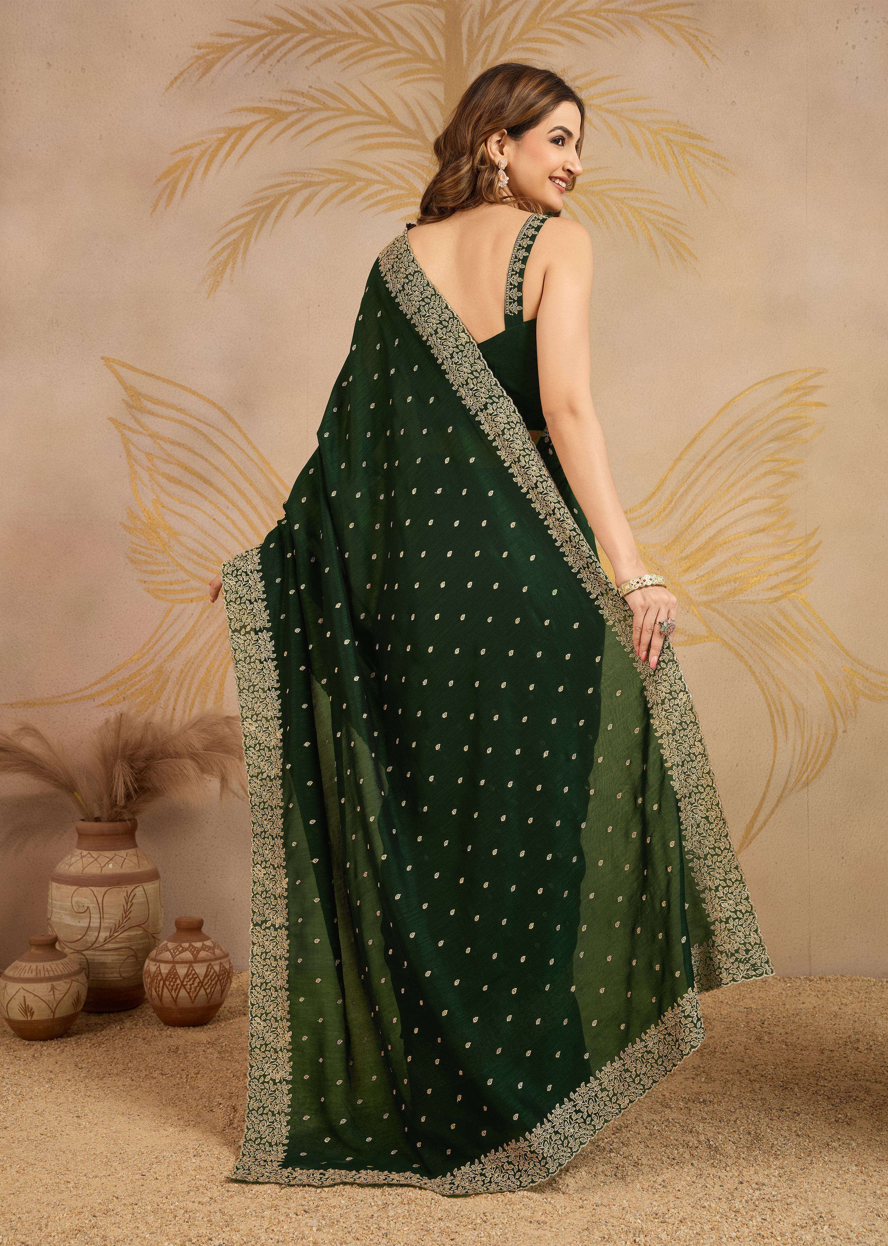 Dark Green Art Silk Embroidery Work Saree With Unstitched Blouse Piece For Woman's Trendmalls